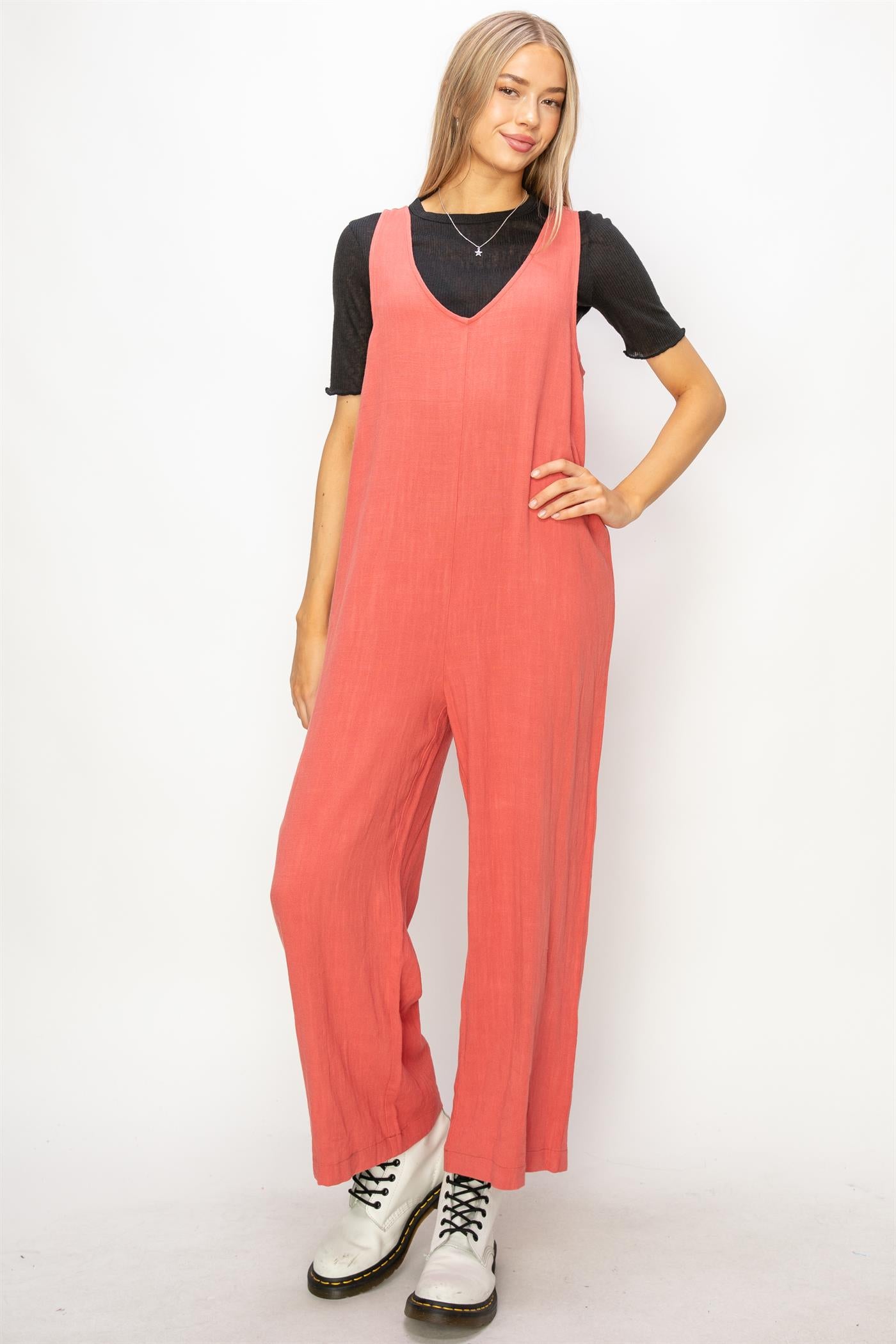 Wholesale Linen Sleeveless Jumpsuit One-Pieces DZ24A886 BRICK DOUBLE ZERO