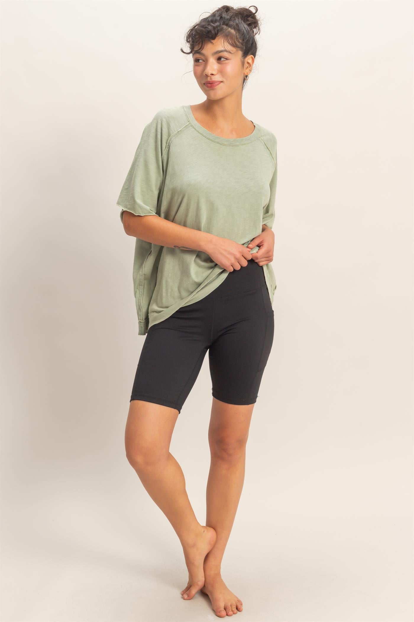 Wholesale Acid Washed Oversized Raw Edges Raglan Tee T-Shirts DZ26A333 SAGE GREEN DOUBLE ZERO