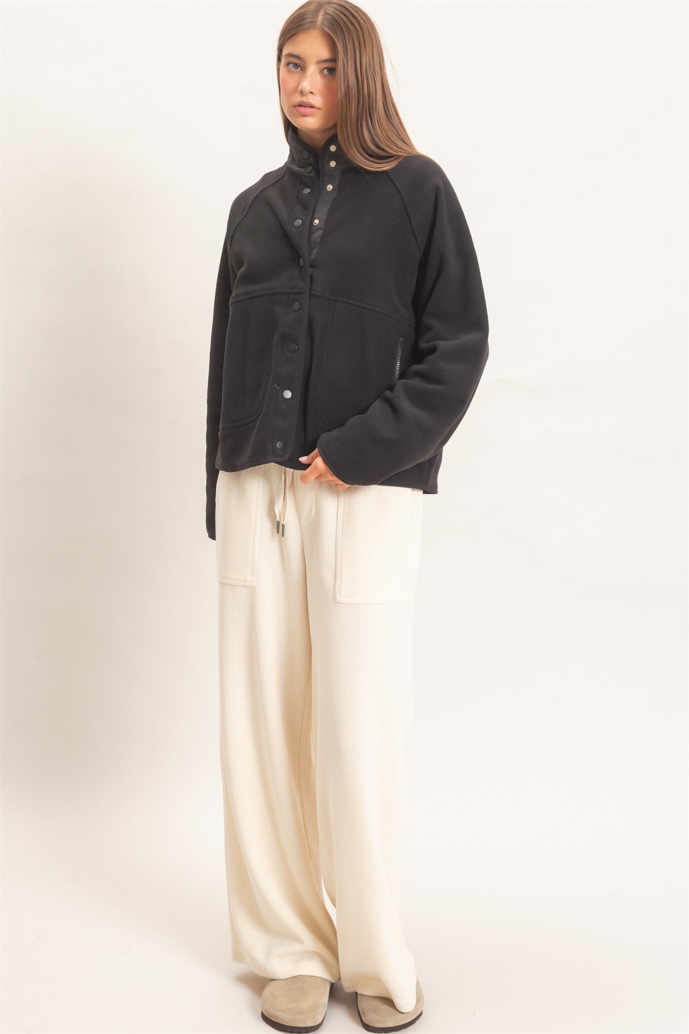 Wholesale Fleece Jacket With Button Front Coats & Jackets DZ26F086 BLACK DOUBLE ZERO