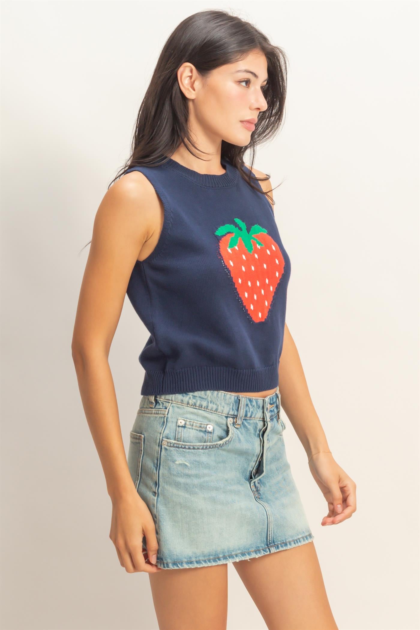 Wholesale Strawberry Sleeveless Knit Top Clothing Tops DZ26A035 NAVY DOUBLE ZERO
