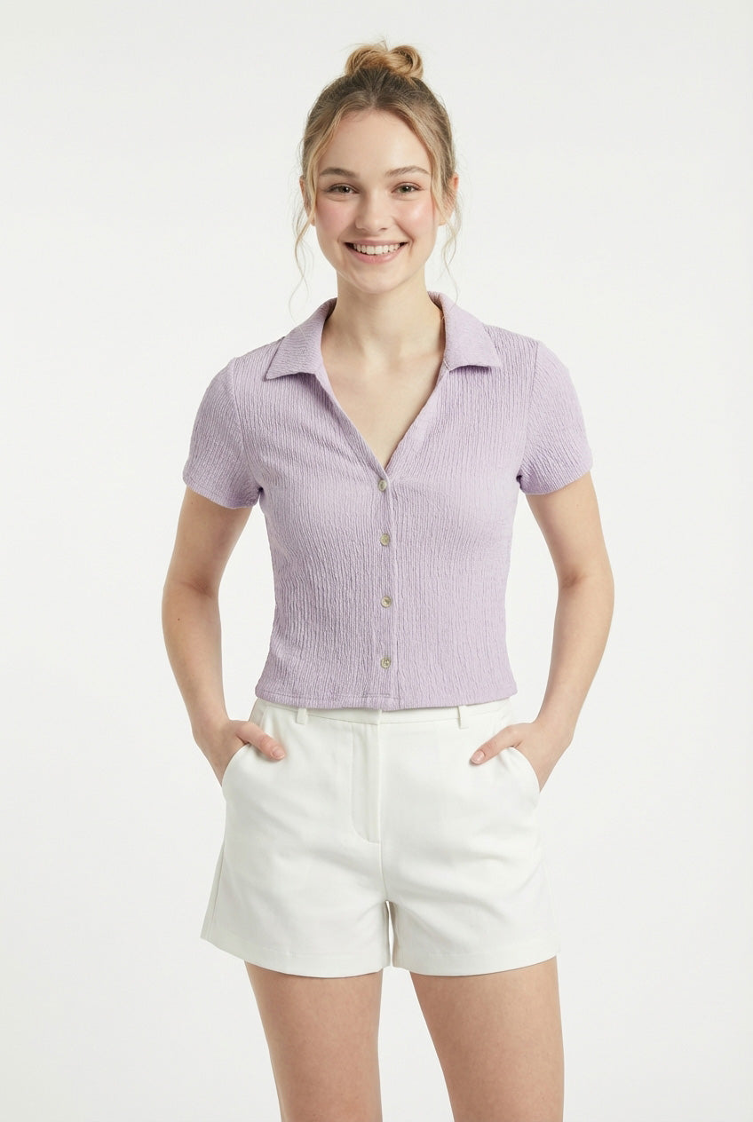 Wholesale Crinkle Knit Button Front Top Clothing Tops DZ24A757 LAVENDER DOUBLE ZERO