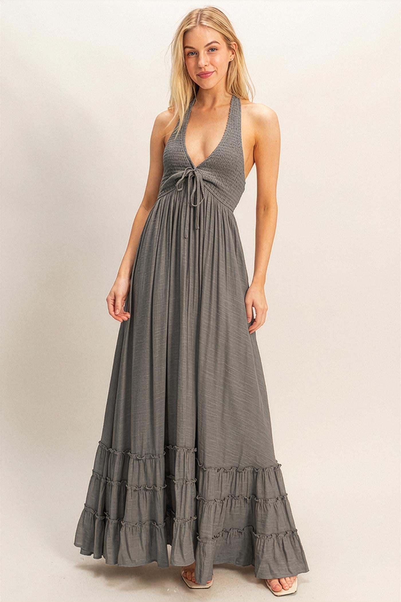 Wholesale Halter Neck Smocked Maxi Dress Dresses HF26C287-D LIGHT GRAY HYFVE