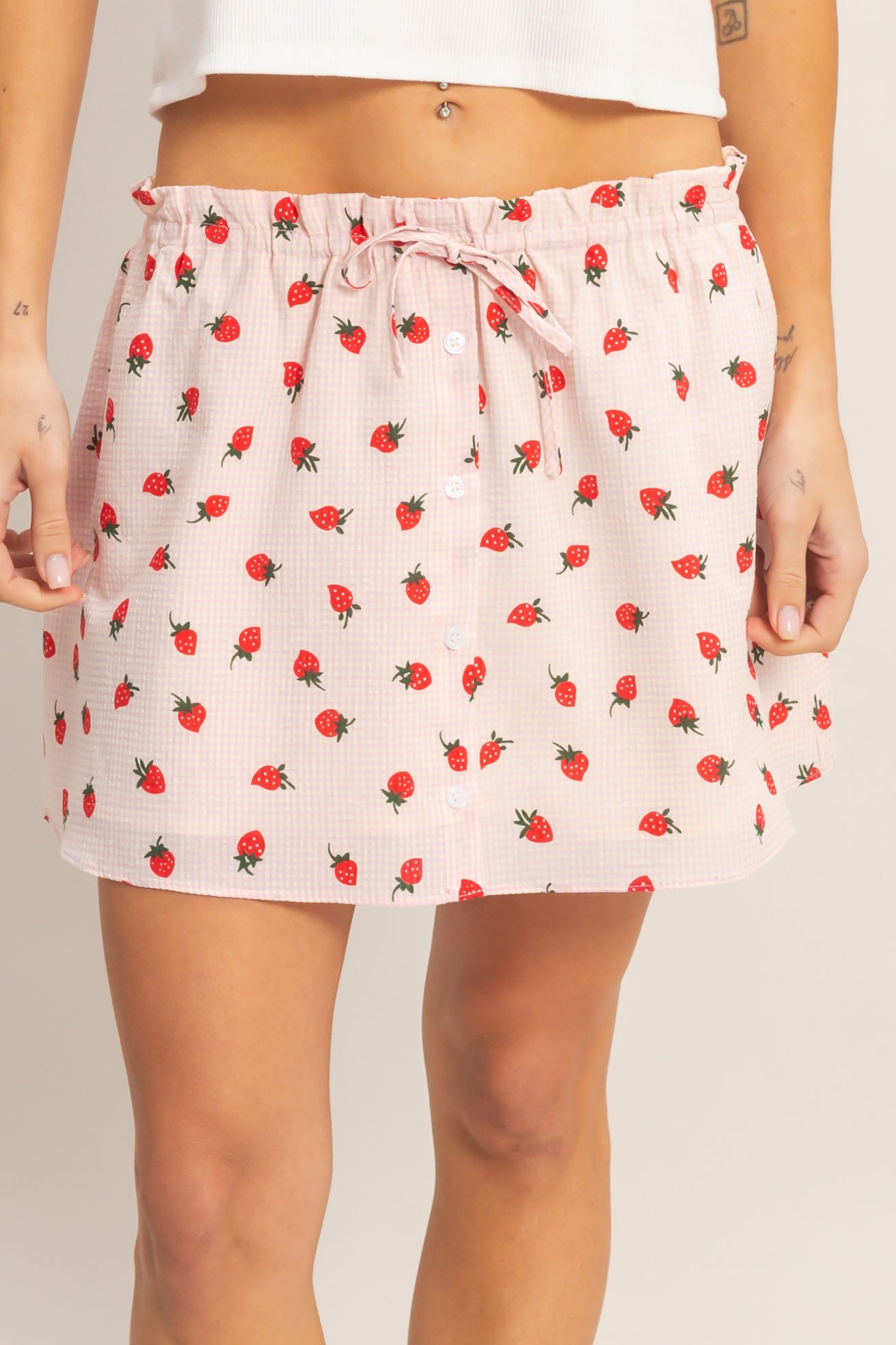 Wholesale Strawberry Print Gingham A-Line Skirt Skirts HF26A598 PINK HYFVE