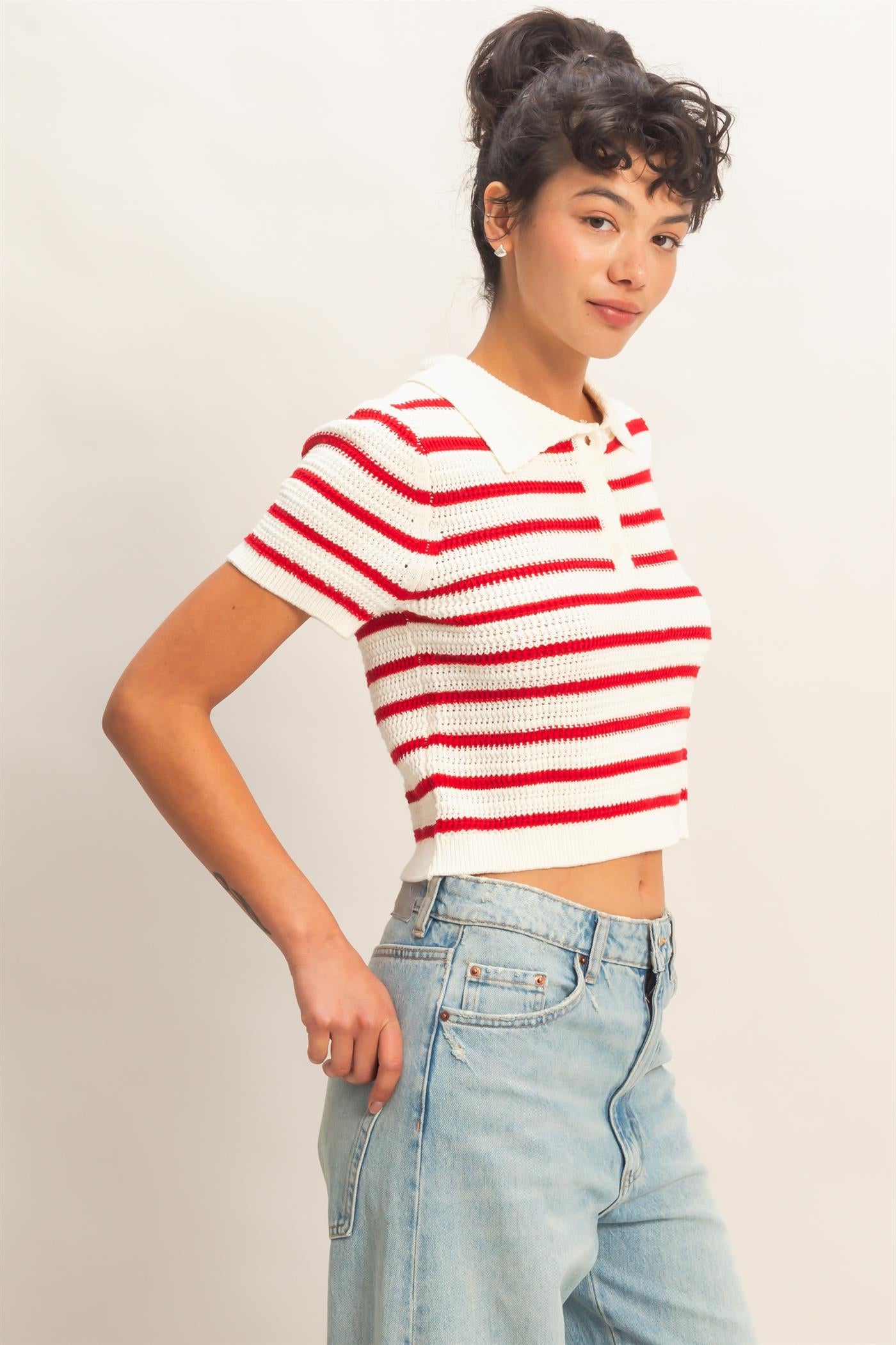 Wholesale Short Sleeve Striped Knit Polo Clothing Tops DZ26A603 RED DOUBLE ZERO