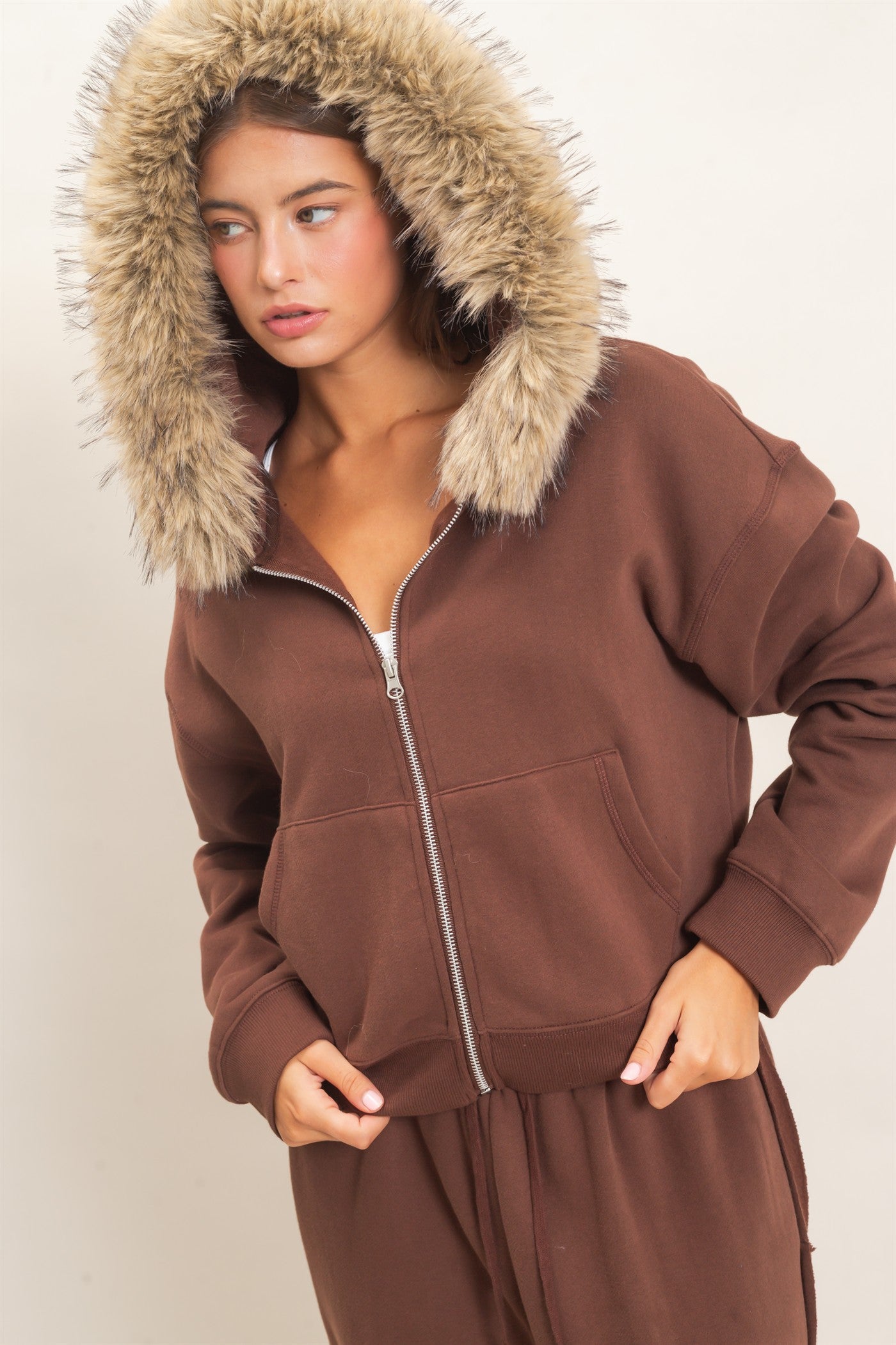 Wholesale Detachable Fur Zip Up Hoodie Hoodies DZ26F396 DARK BROWN DOUBLE ZERO