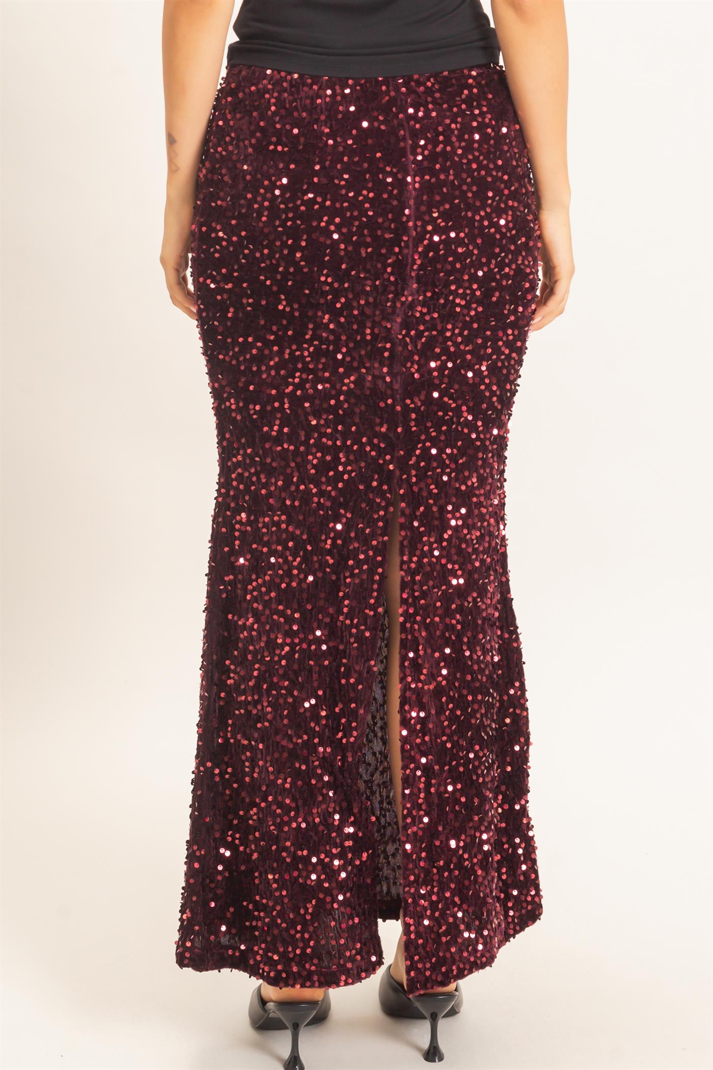 Wholesale Sequin Midi Skirt Skirts HF26F121 BURGUNDY HYFVE