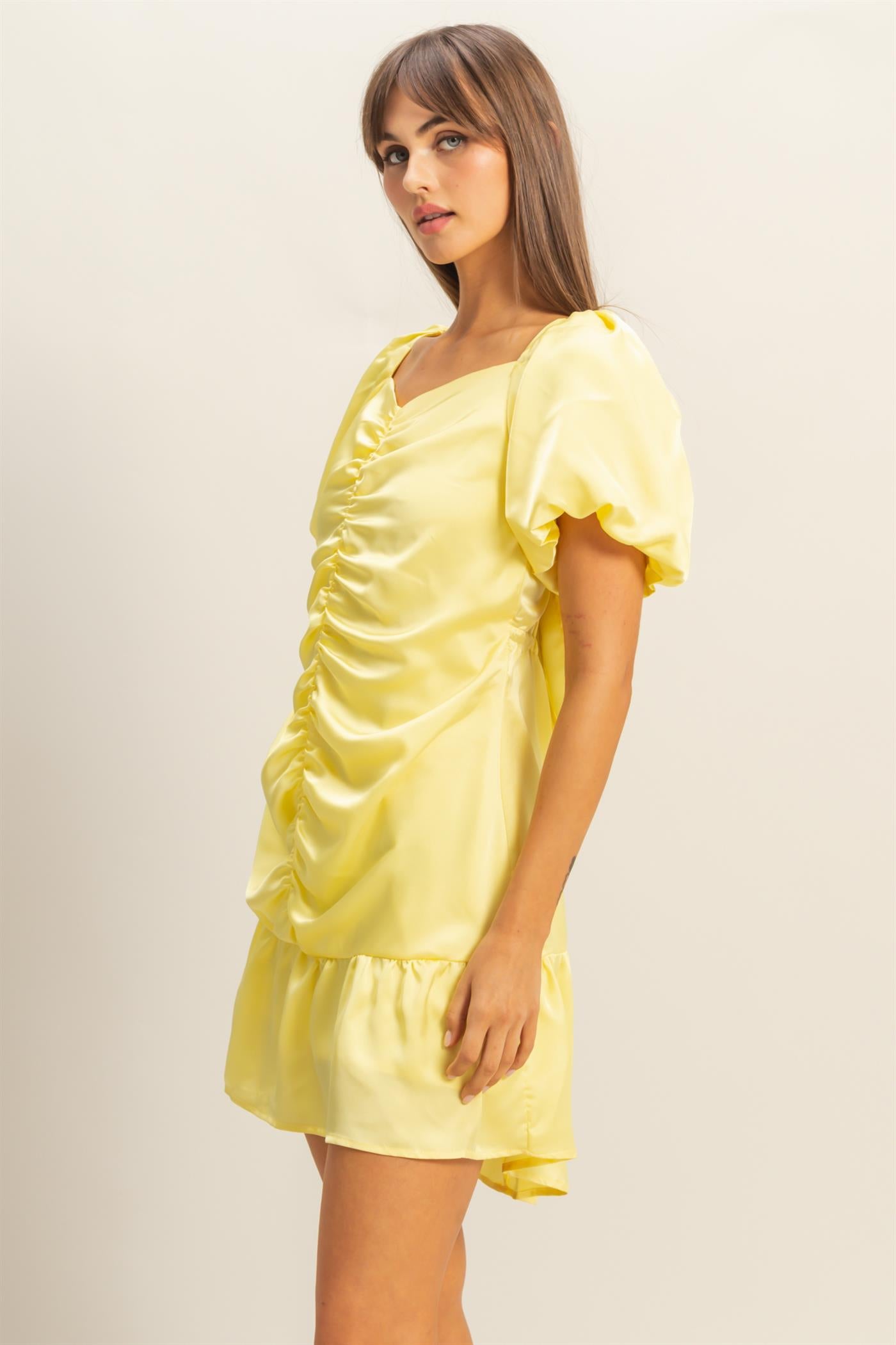 Wholesale Ruched Mini Dress Dresses HF22C741 LIME YELLOW HYFVE