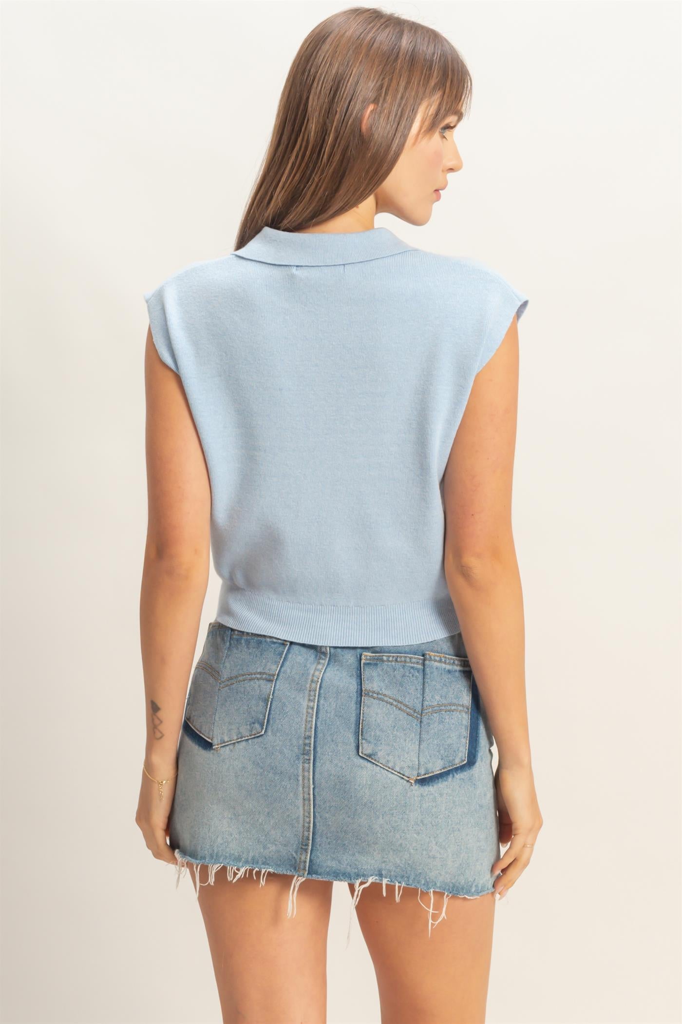 Wholesale Sleeveless Collared Knit Top Clothing Tops HF26A631 BLUE HYFVE