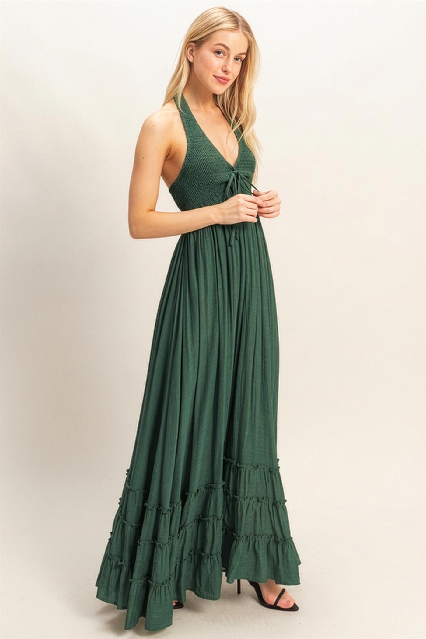 Wholesale Halter Neck Smocked Maxi Dress Dresses HF26C287-D HUNTER GREEN HYFVE
