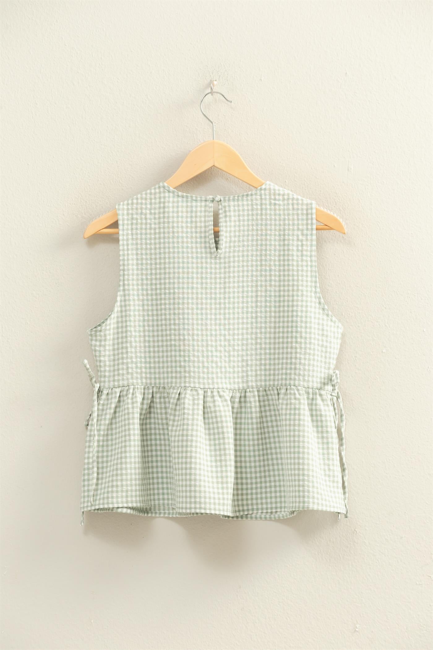 Wholesale Gingham Sleeveless Peplum Top With Side Ties Blouses DZ26C073 SAGE GREEN HYFVE