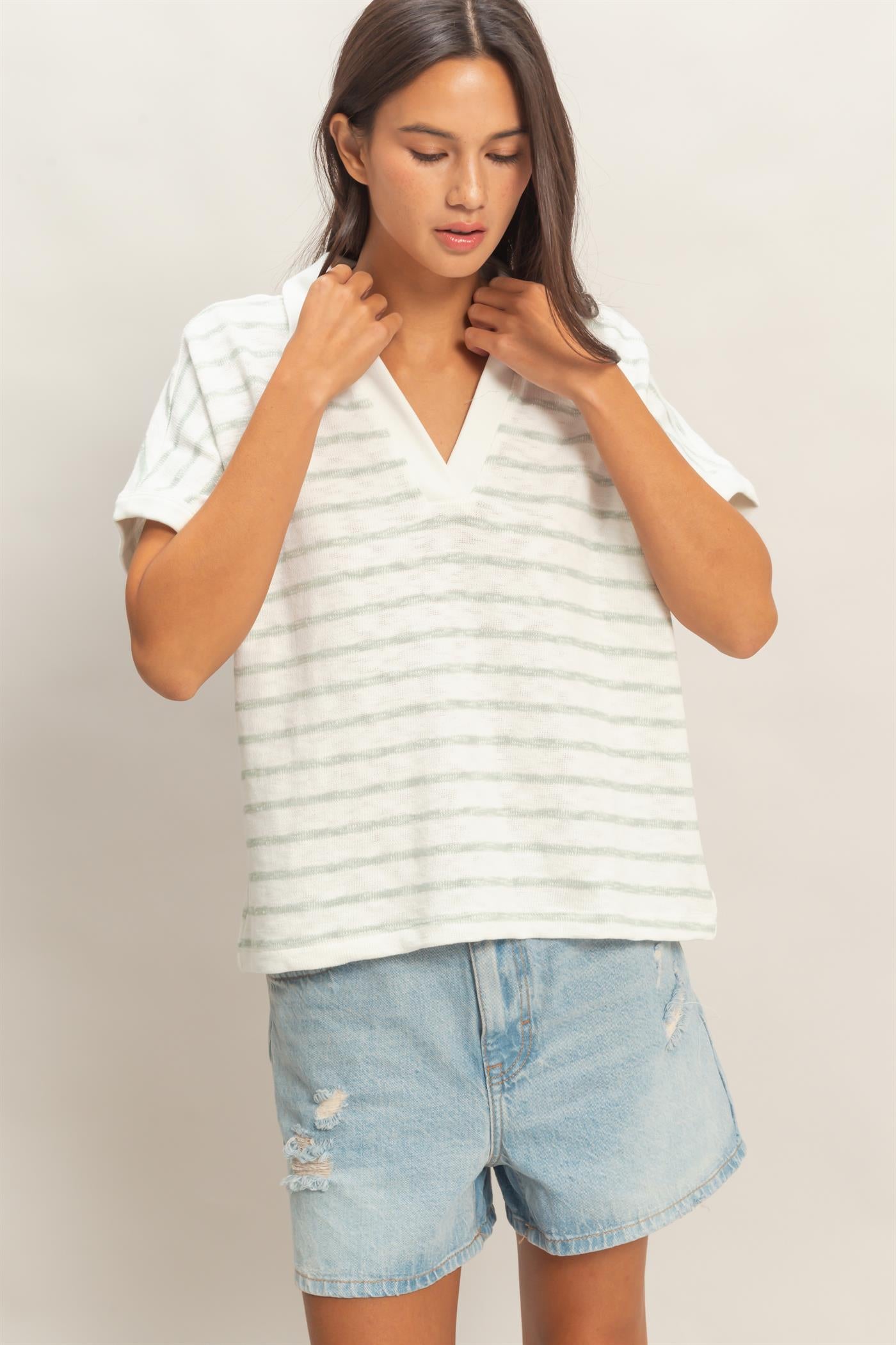 Wholesale Striped Dolman Sleeve V-Neck Collared Top Clothing Tops DZ26A452 SAGE GREEN DOUBLE ZERO