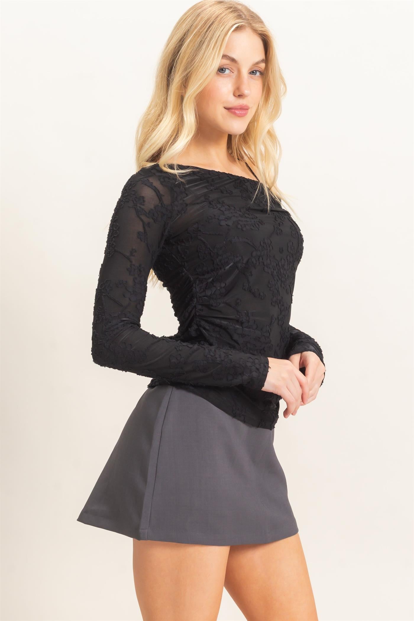 Wholesale Textured Mesh Off-Shoulder Top Blouses HF26F043 BLACK HYFVE