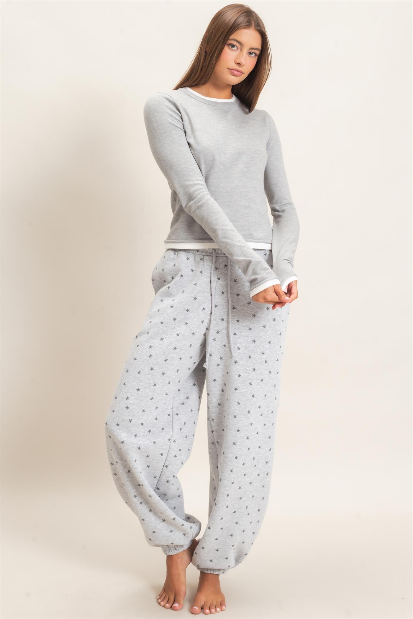 Wholesale Layer Effect Long Sleeve Knit Top Clothing Tops DZ26F394 HEATHER GRAY DOUBLE ZERO