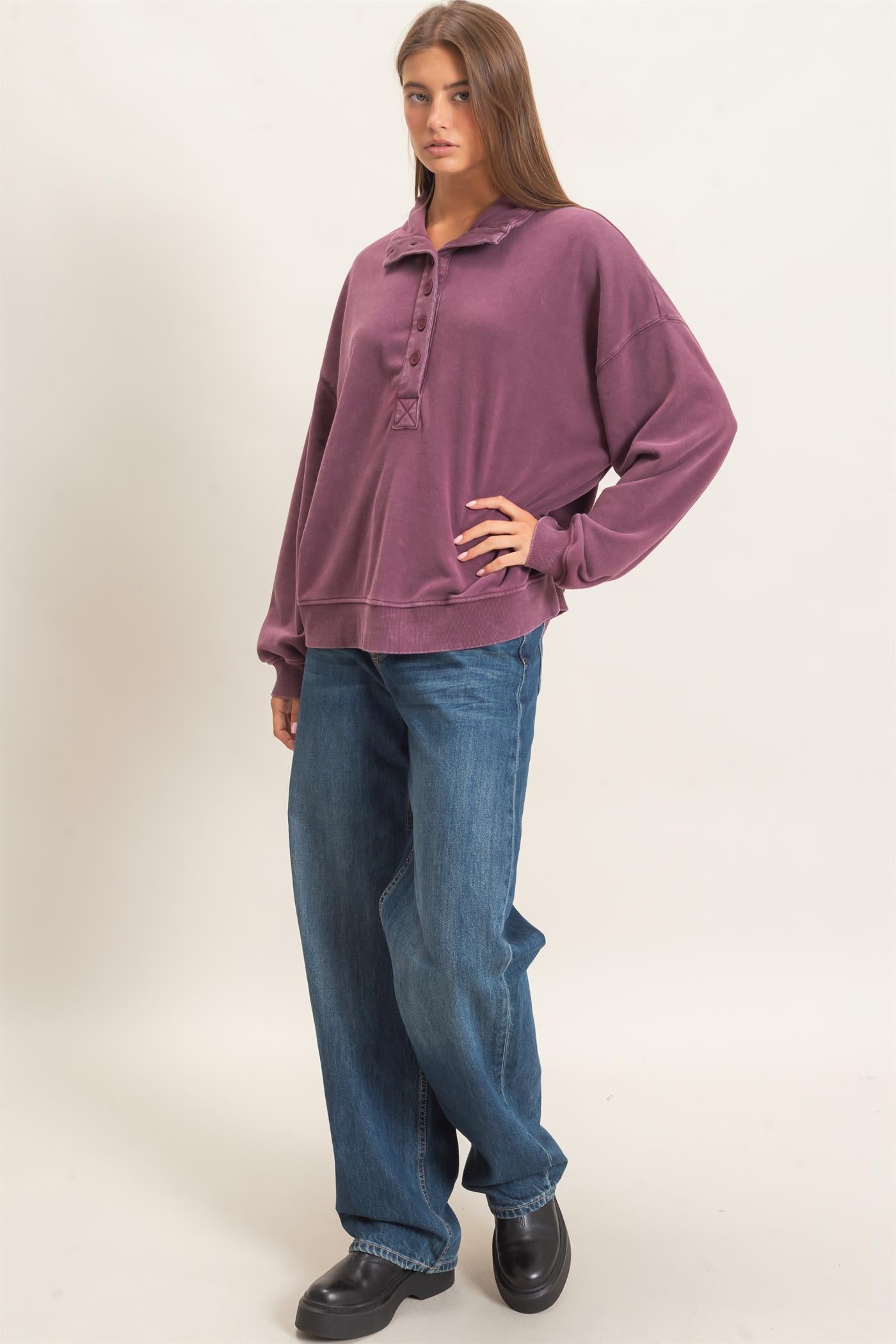 Wholesale Mineral Wash Button Front Sweatshirt Sweatshirts DZ26C909 DARK CHERRY DOUBLE ZERO