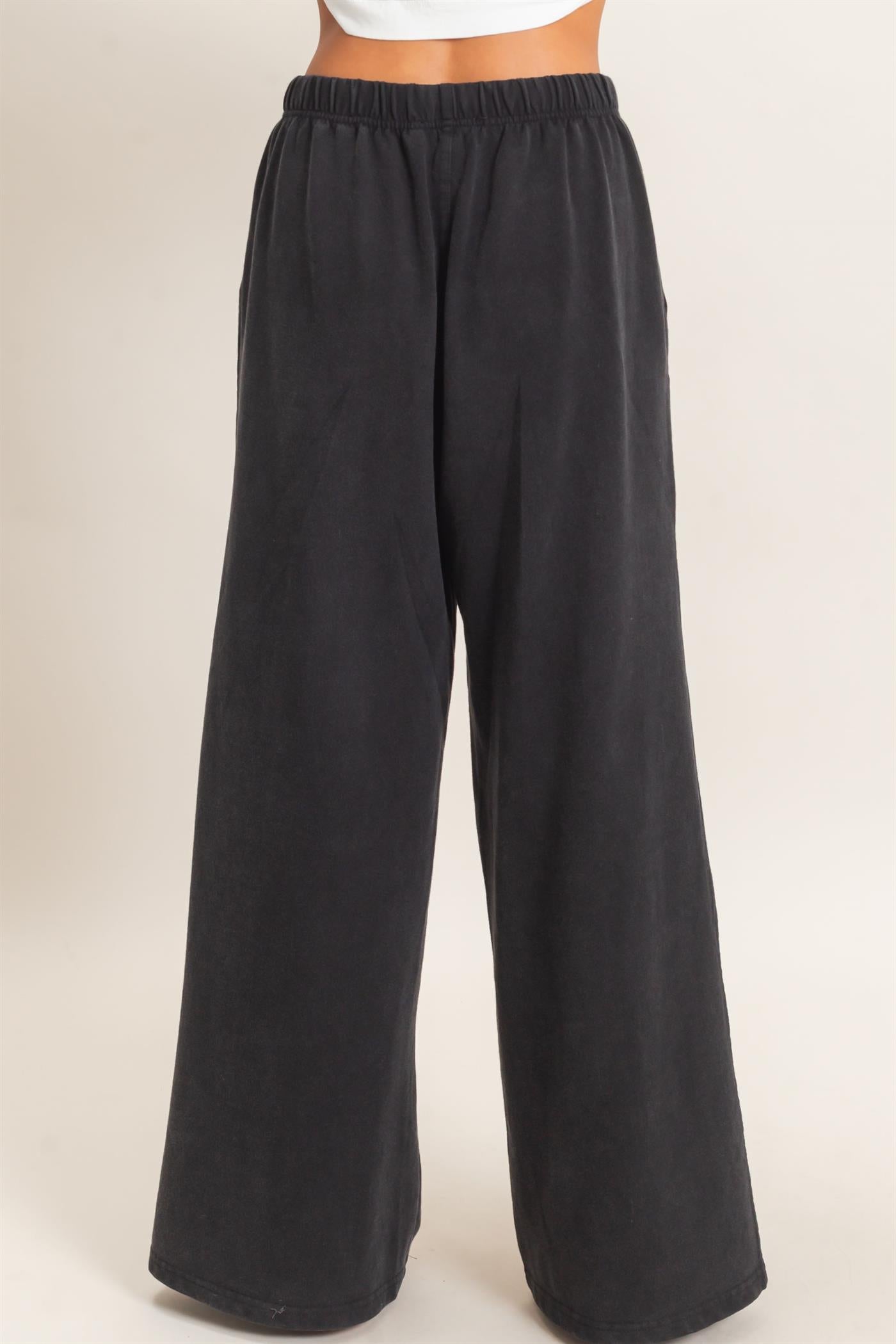 Wholesale Acid Wash Drawstring Waist Wide Leg Pants Pants DZ25A685 BLACK DOUBLE ZERO