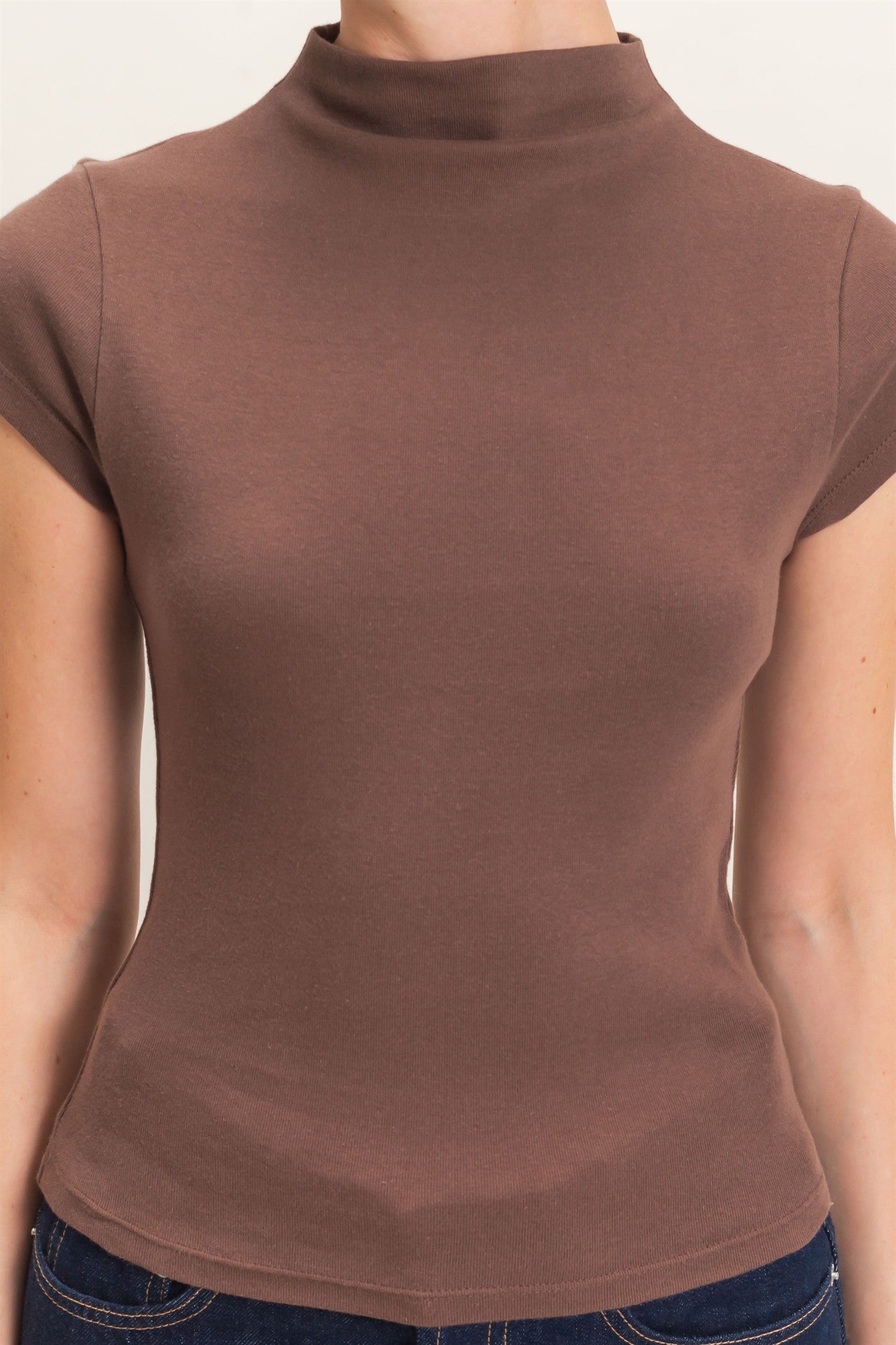 Wholesale Mock Neck Cap Sleeve Top Clothing Tops DZ26E323 DARK BROWN DOUBLE ZERO