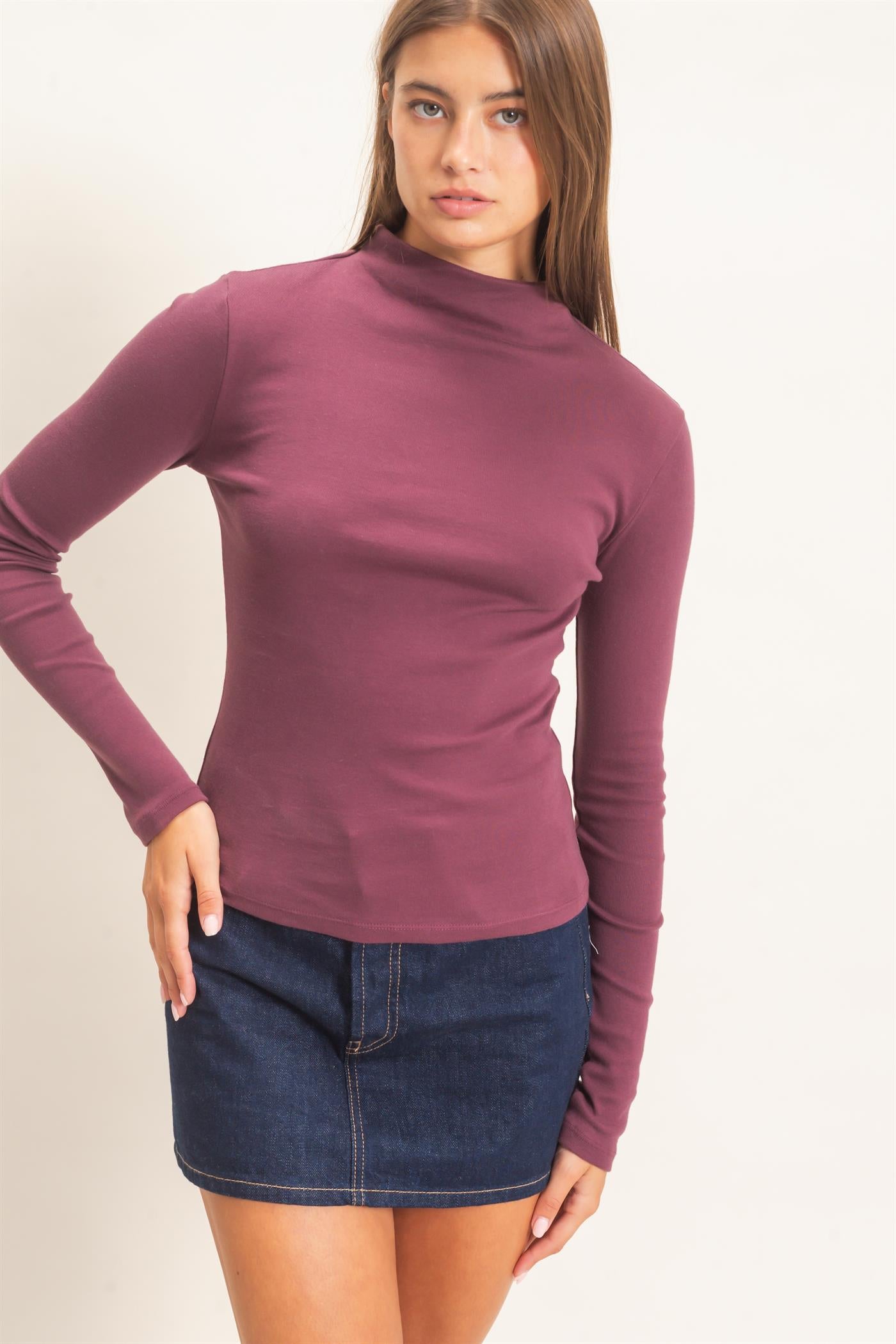 Wholesale Mock Neck Long Sleeve Top Clothing Tops DZ26F281 DARK CHERRY DOUBLE ZERO