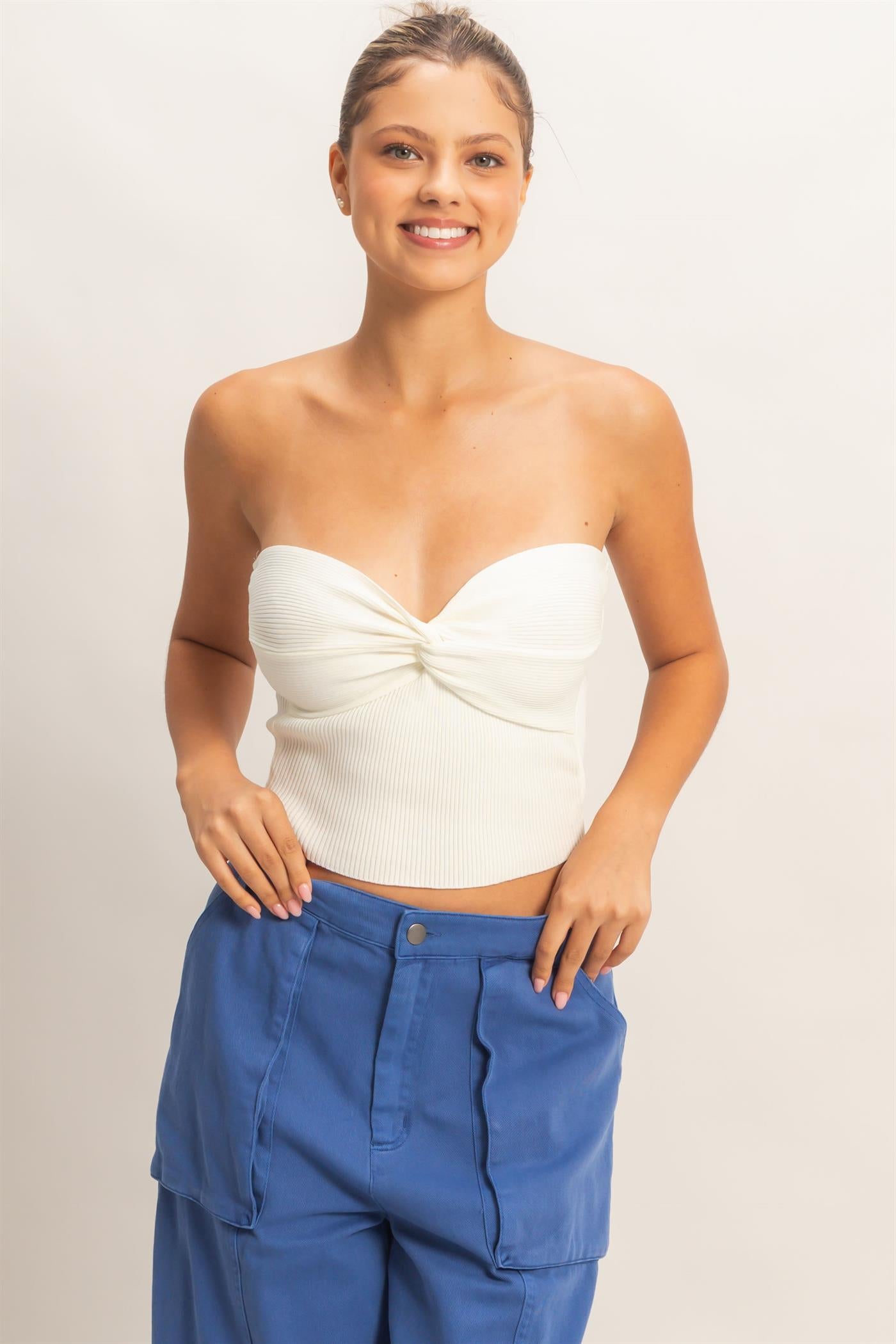 Wholesale Ribbed Knot Bustier Top Clothing Tops DZ26A308 OFF WHITE DOUBLE ZERO