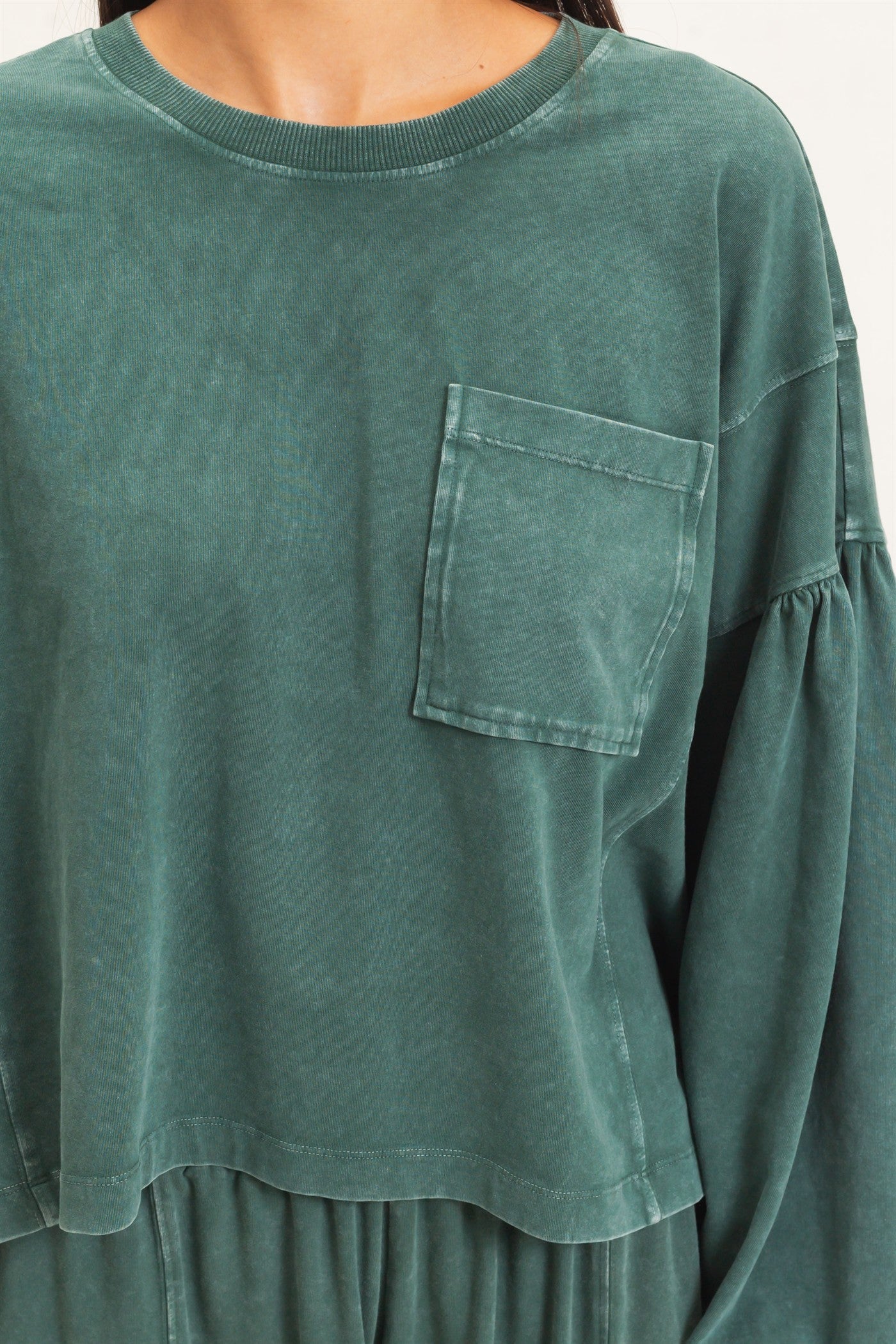 Wholesale Mineral Wash Puff Long Sleeve Boxy Top Clothing Tops DZ26F402 DARK GREEN DOUBLE ZERO