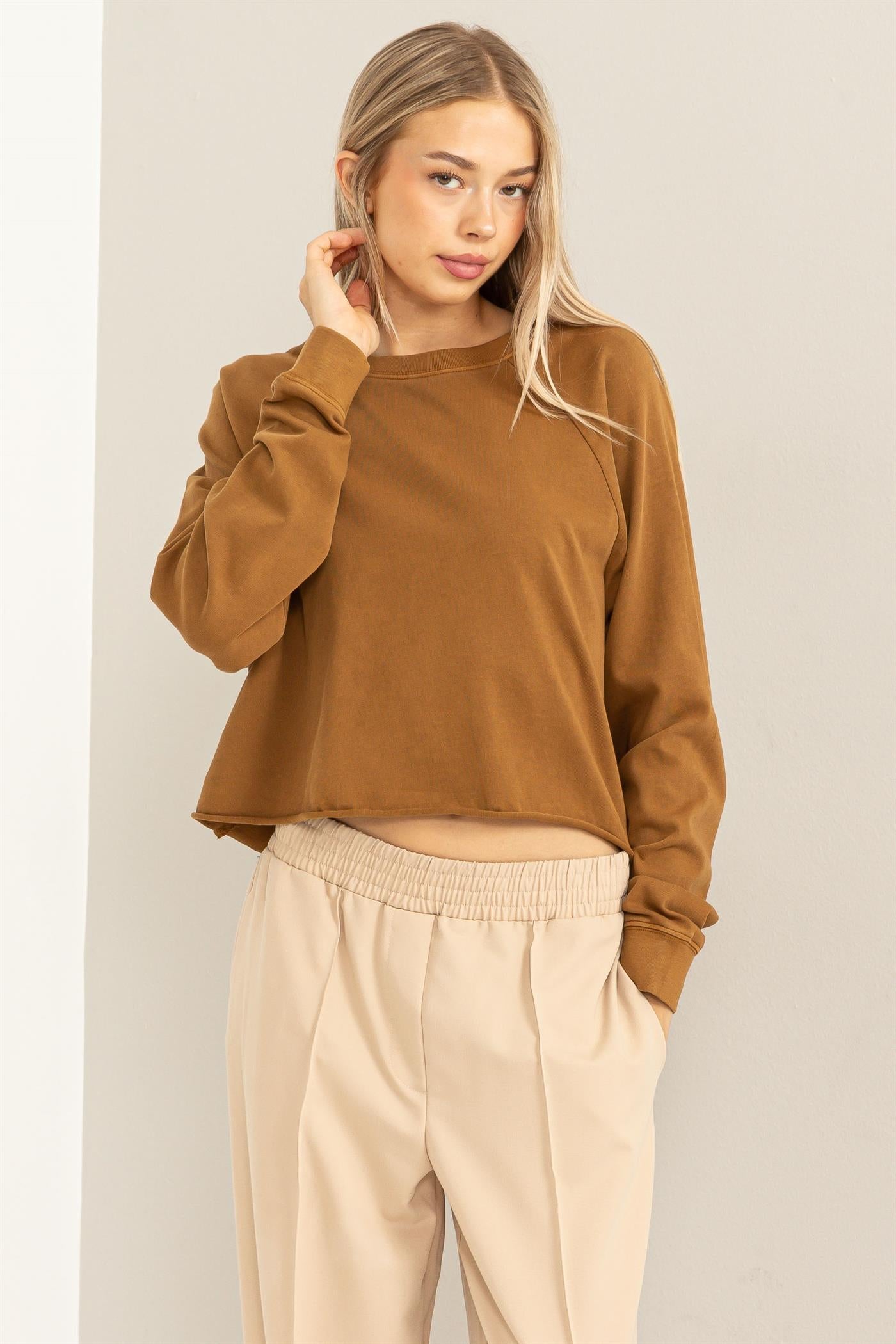 Wholesale Raglan Long Sleeve Top Clothing Tops DZ23G286 PALE BROWN DOUBLE ZERO