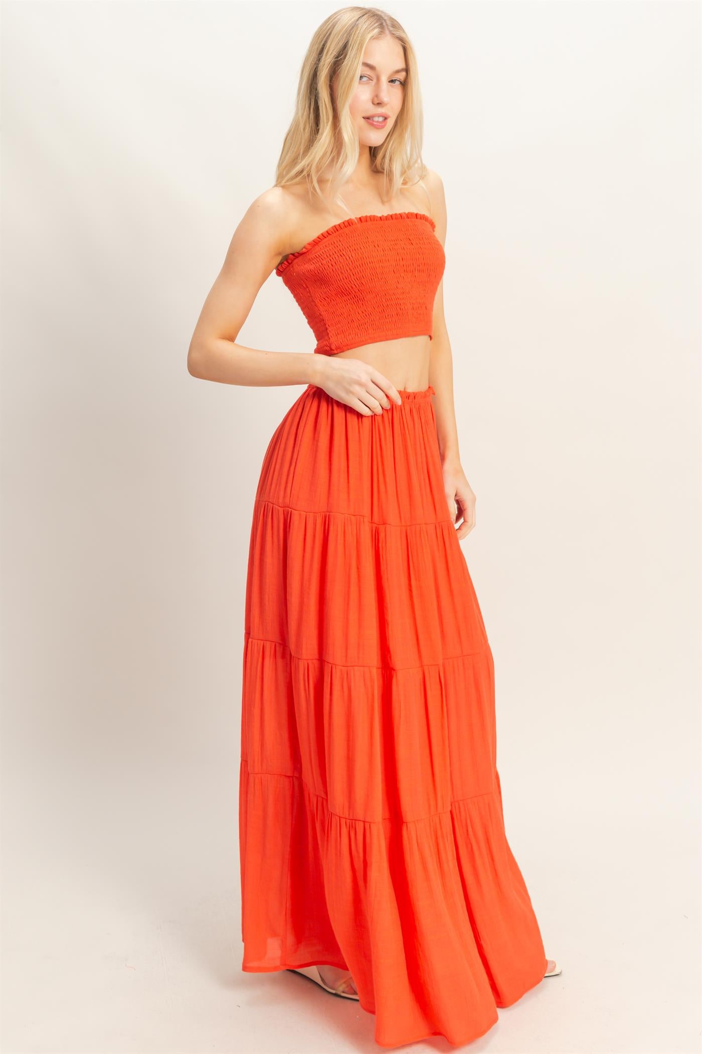 Wholesale Smocked Tube Top & Tiered Skirt Set Clothing HF26C289-SET-D ORANGE RED HYFVE