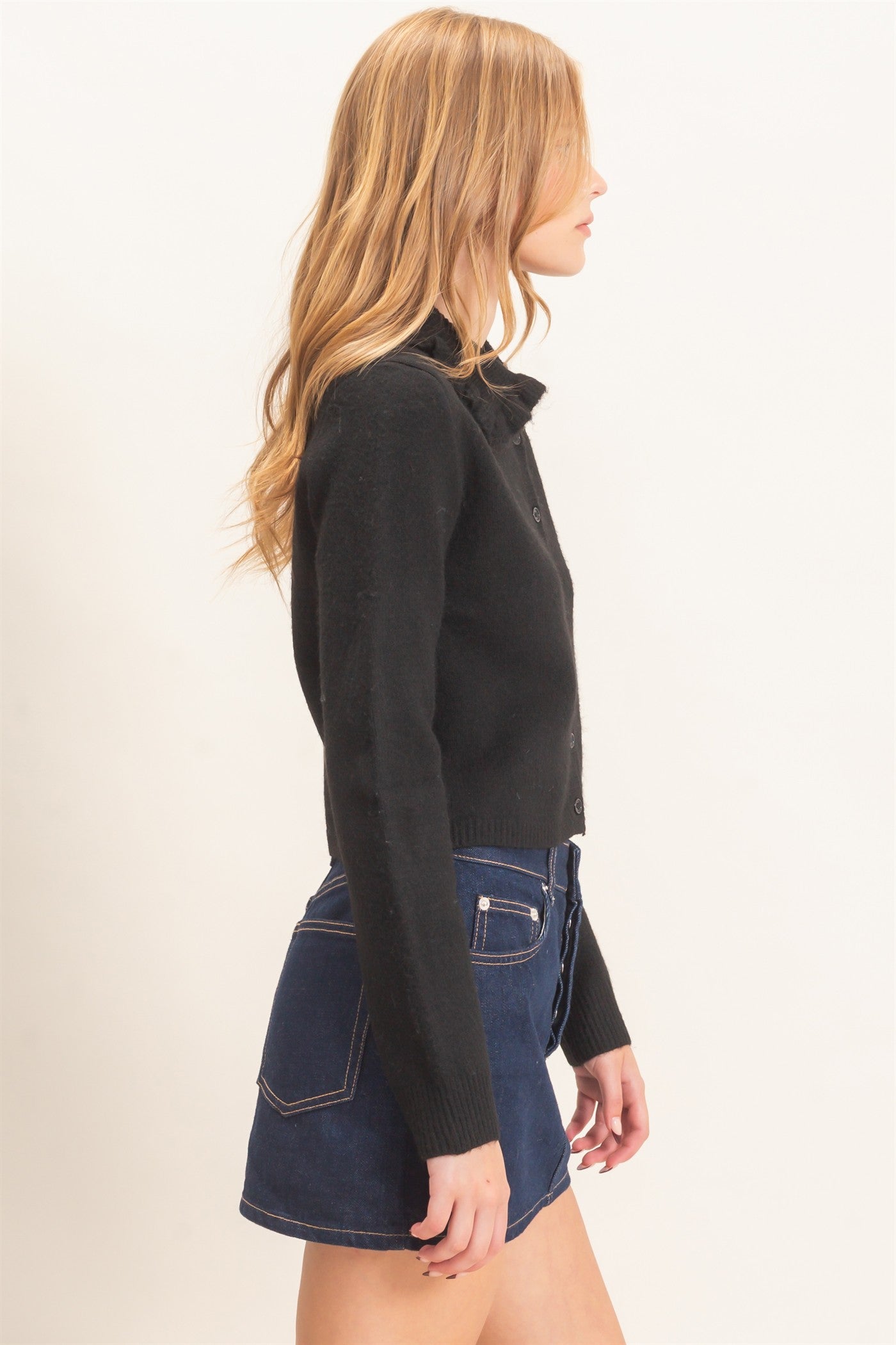 Wholesale Ruffled Collar Knit Cardigan Cardigans HF26E162-D BLACK HYFVE