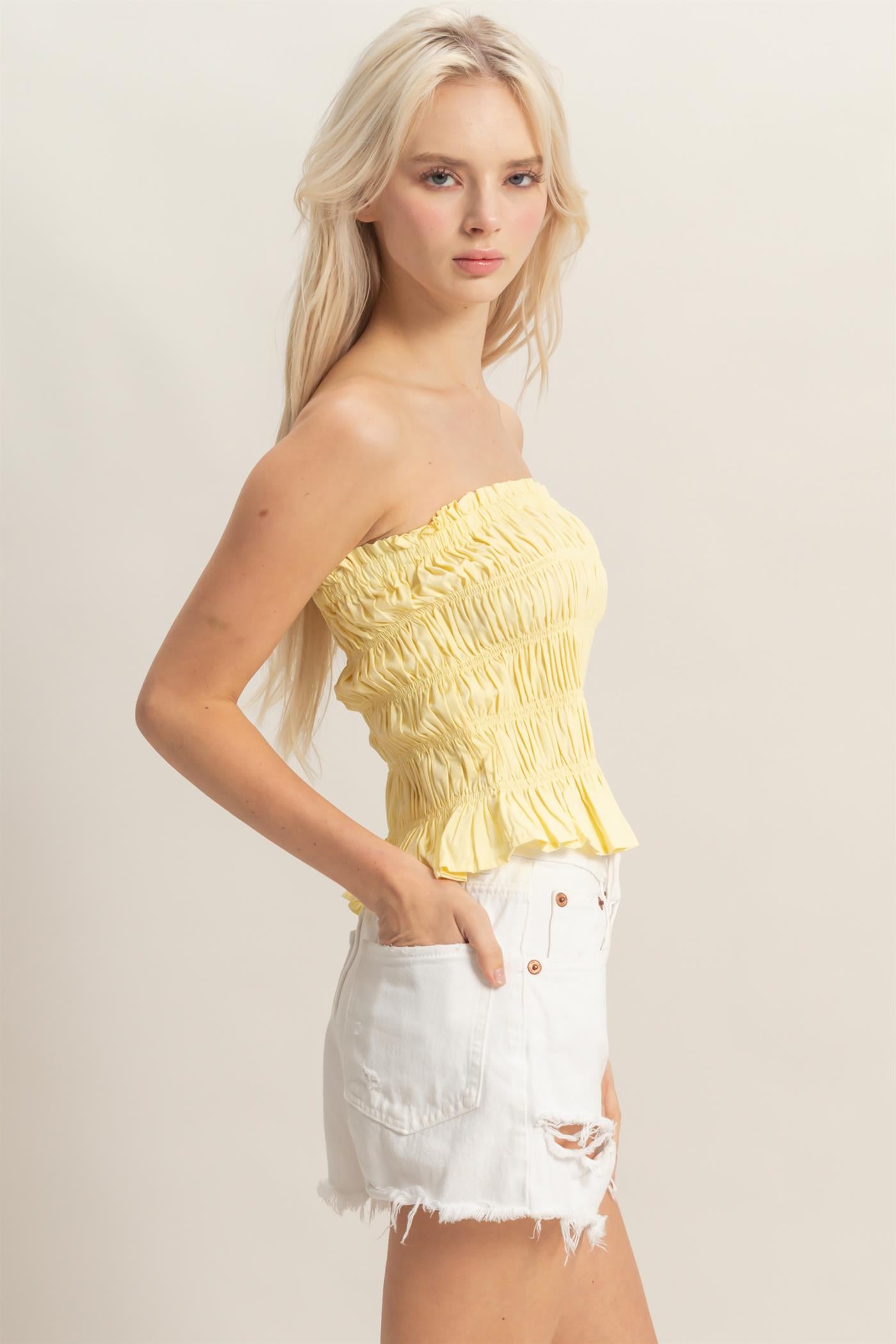 Wholesale Smocked Ruffle Tube Top Clothing Tops DZ26C282 PALE YELLOW DOUBLE ZERO