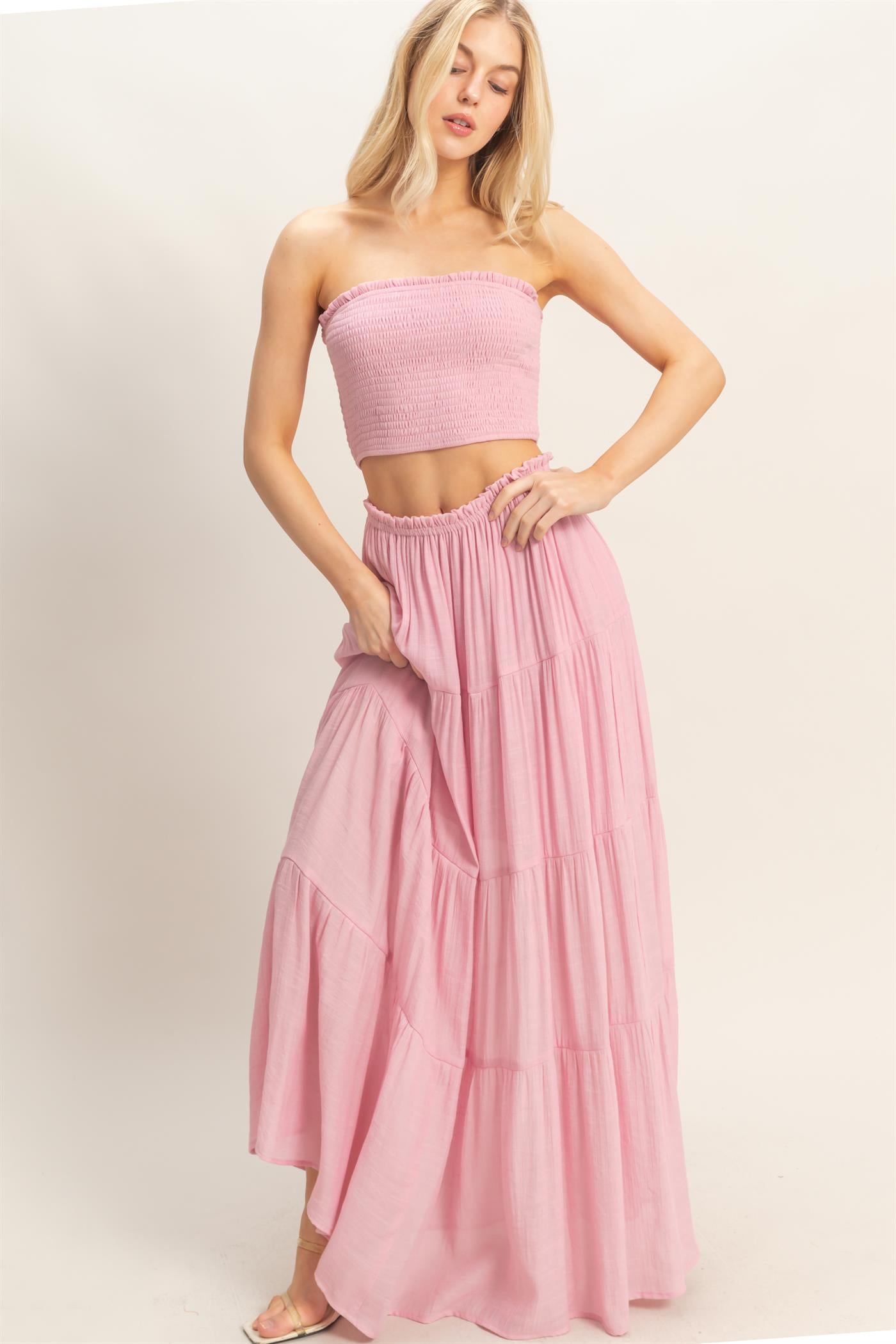 Wholesale Smocked Tube Top & Tiered Skirt Set Clothing HF26C289-SET-D PINK HYFVE
