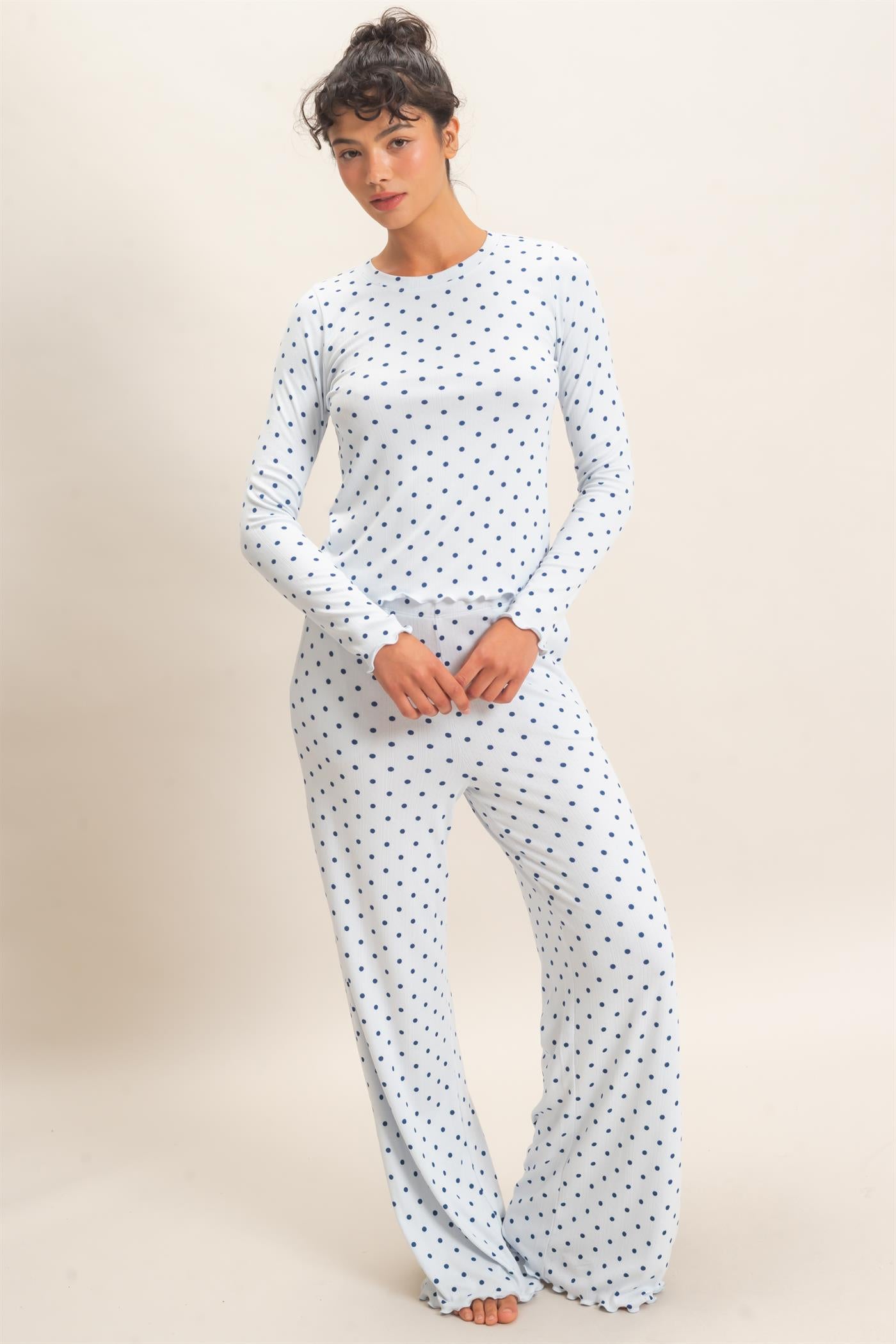 Wholesale Polka Dot Long Sleeve Top & Pants Set Clothing DZ26E914-SET LIGHT BLUE DOUBLE ZERO