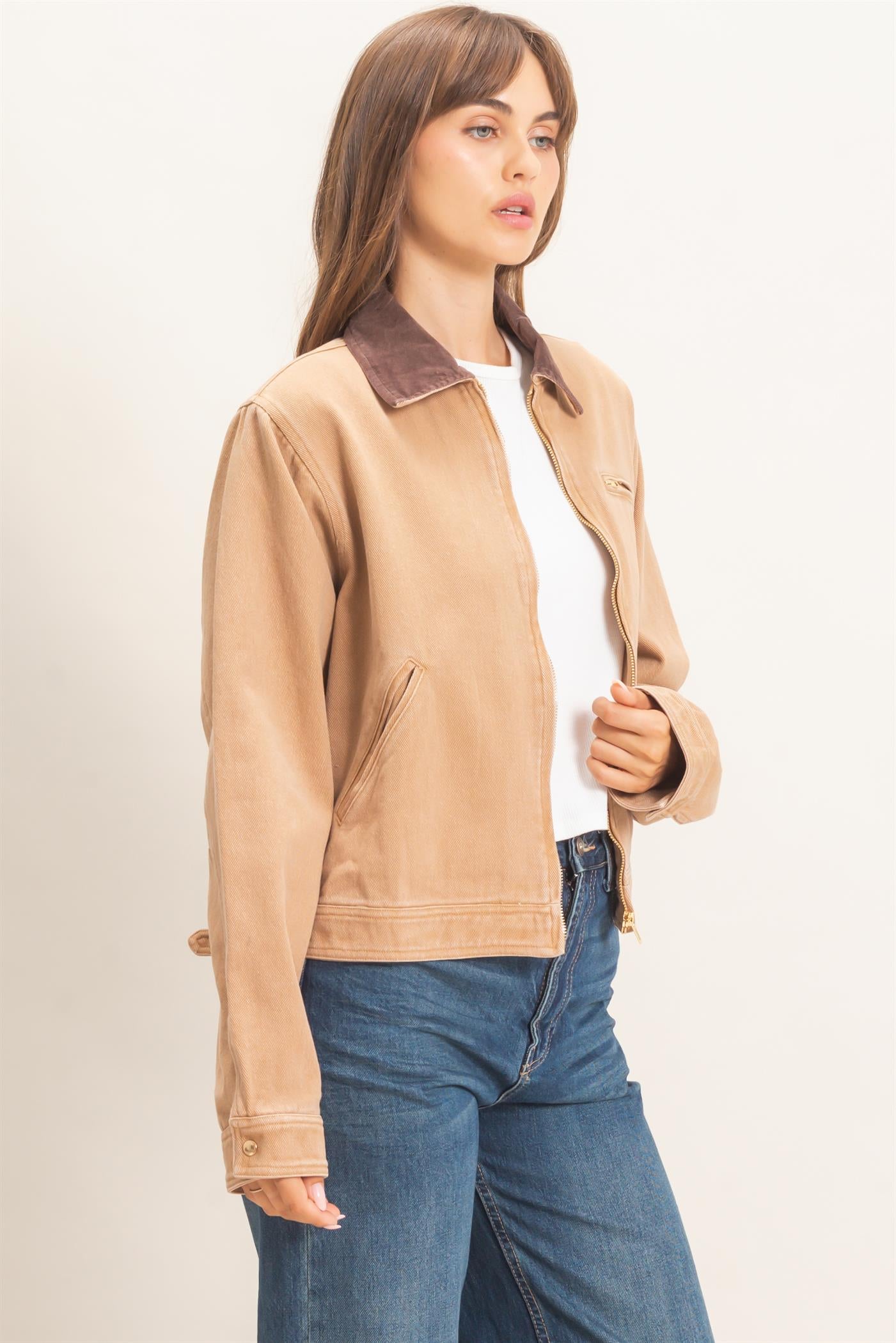 Wholesale Twill Jacket With Corduroy Collar Outerwear HF26E011 DARK TAUPE HYFVE