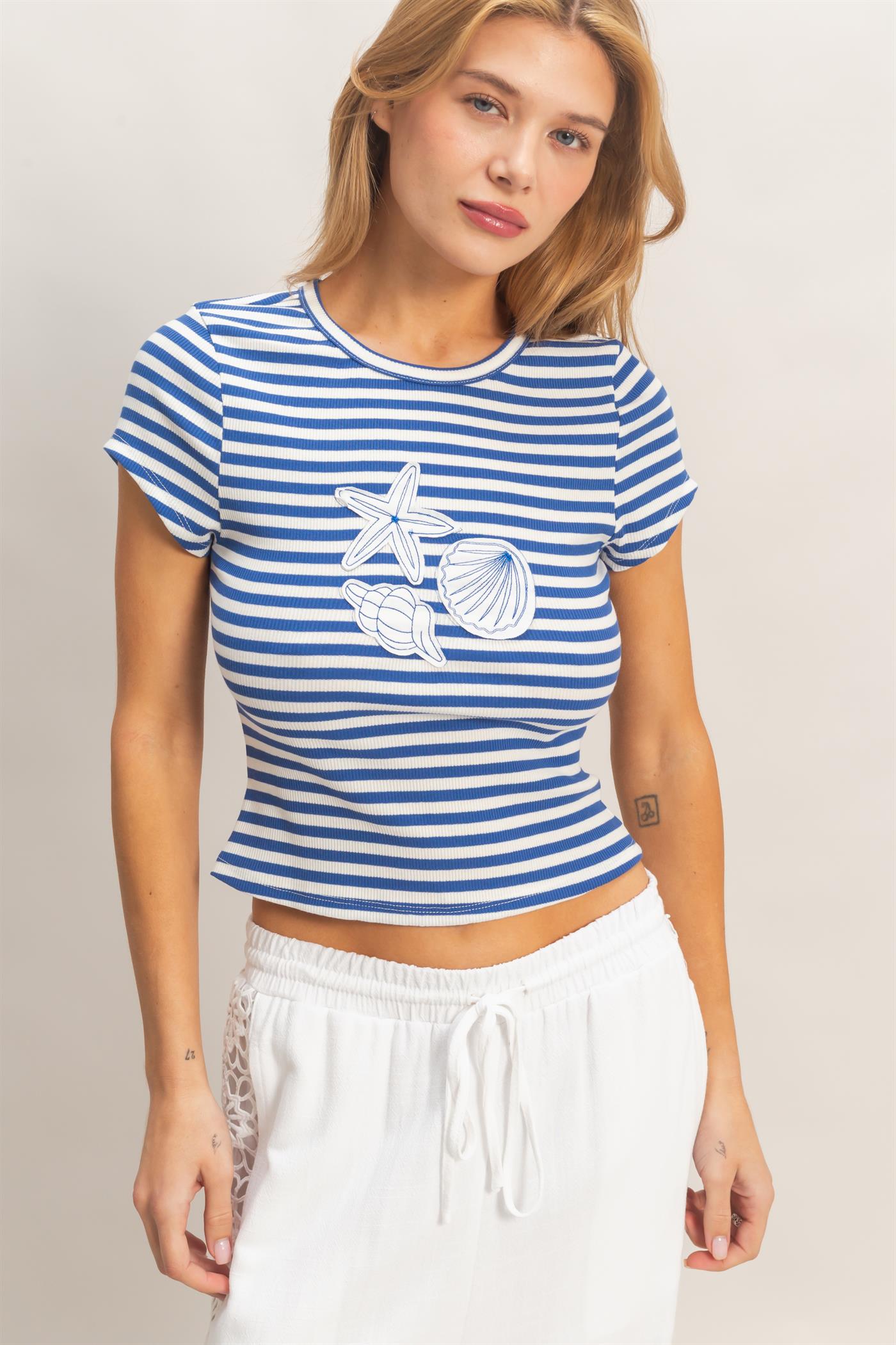 Wholesale Striped Embroidered Patch Top T-Shirts HF26C225 BLUE HYFVE