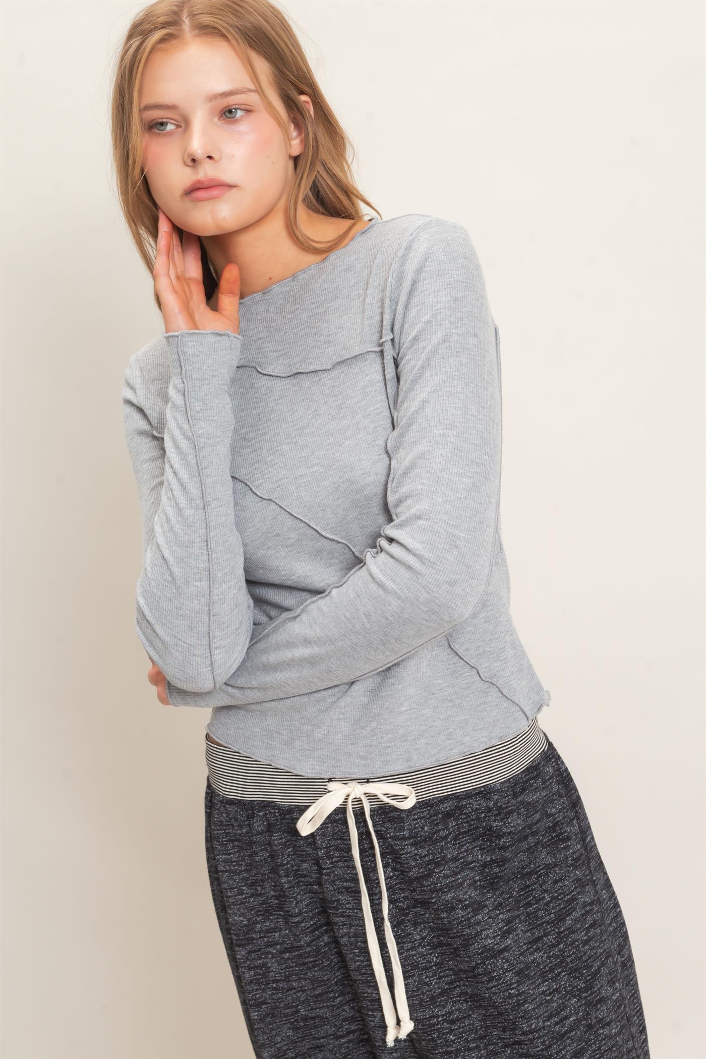 Wholesale Ruffled Ribbed Long Sleeve Top Clothing Tops HF26F085 HEATHER GRAY HYFVE