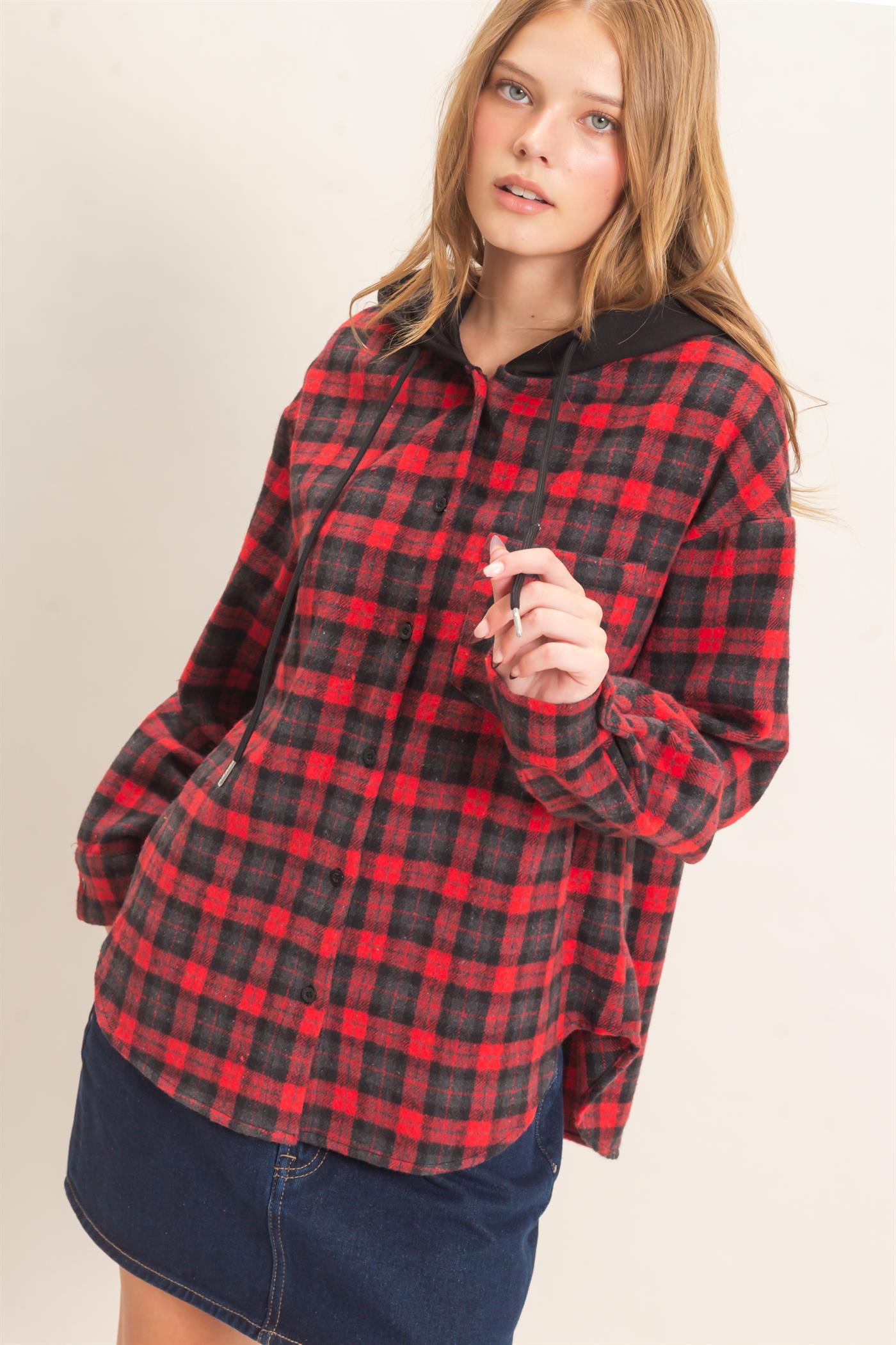 Wholesale Hooded Plaid Button-Up Shirt Shirts HF26F018 RED HYFVE