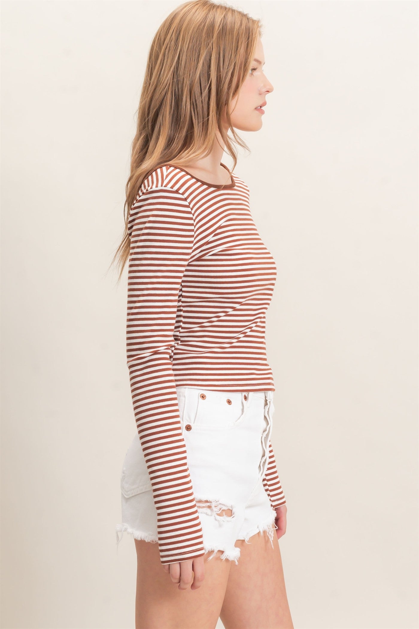 Wholesale Striped Boat Neck Long Sleeve Top Clothing Tops HF26F080 BROWN/WHITE HYFVE