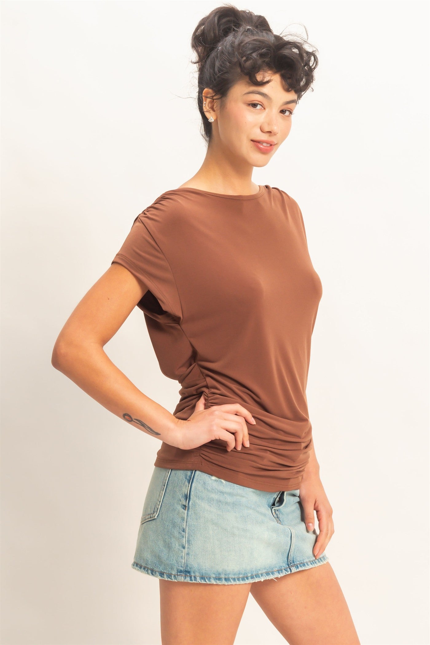 Wholesale Cowl Back Draped Cap Sleeve Top Clothing Tops DZ26C025 CHOCOLATE DOUBLE ZERO
