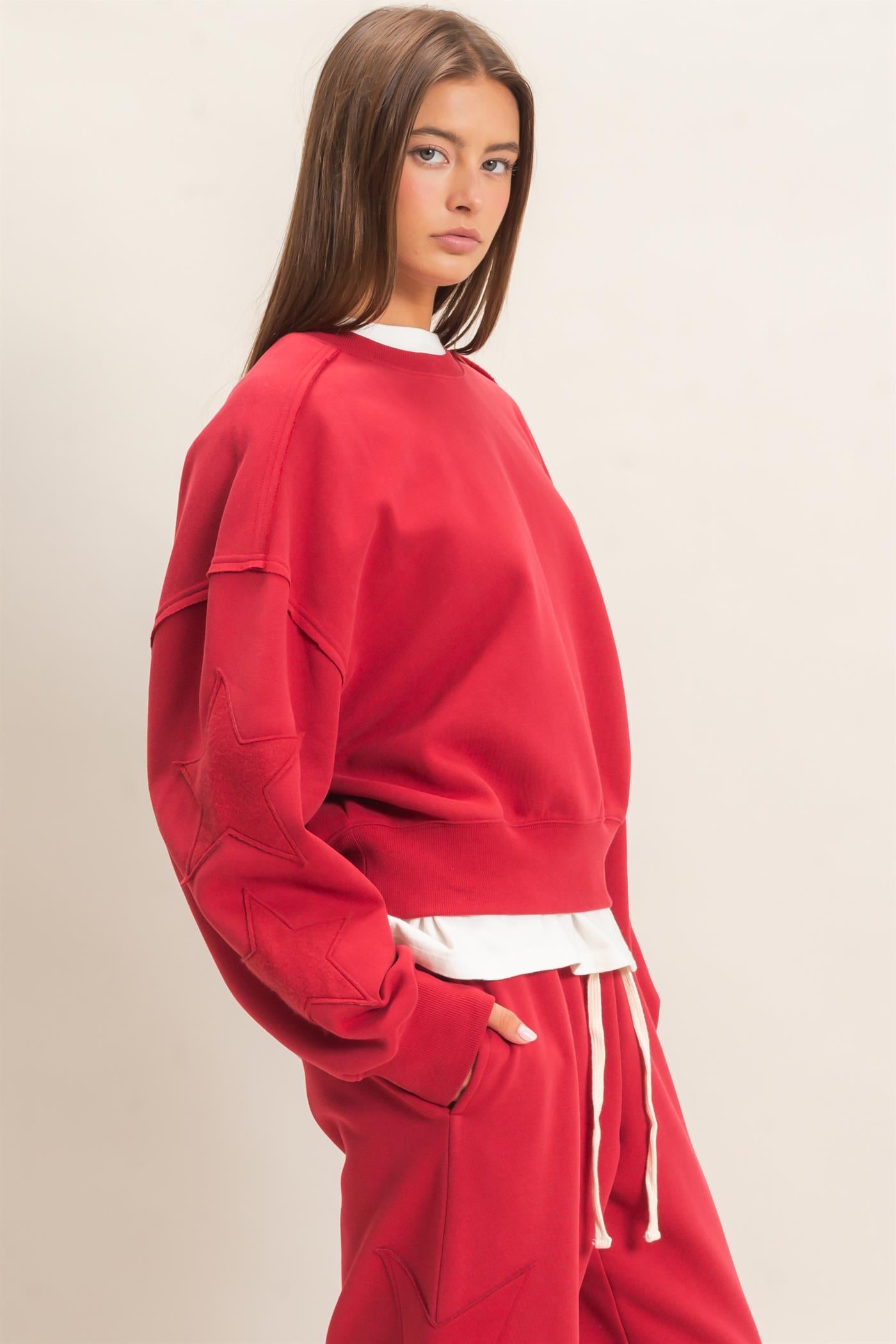 Wholesale Star Patch Sleeve Sweatshirt Sweatshirts DZ26E888 DARK RED DOUBLE ZERO