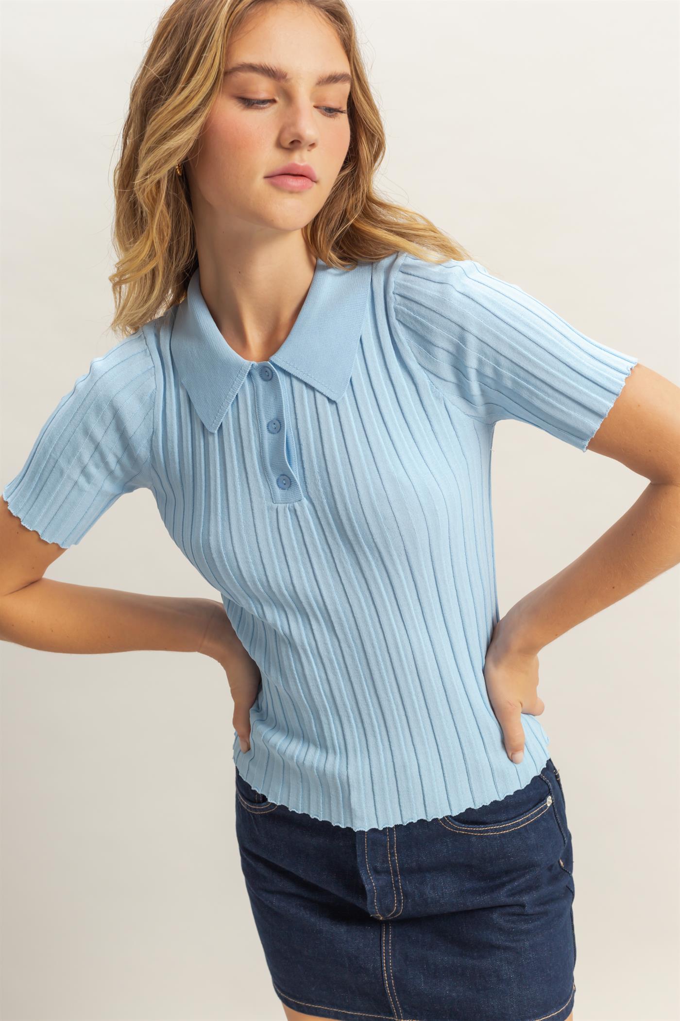 Wholesale Rib Knitted Short Sleeve Polo Top Clothing Tops DZ25C246 ICE BLUE DOUBLE ZERO