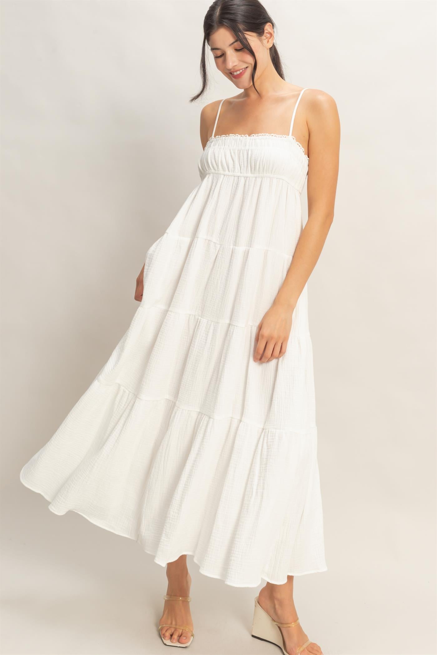 Wholesale Smocked Tiered Maxi Dress Dresses HF26C303 OFF WHITE HYFVE