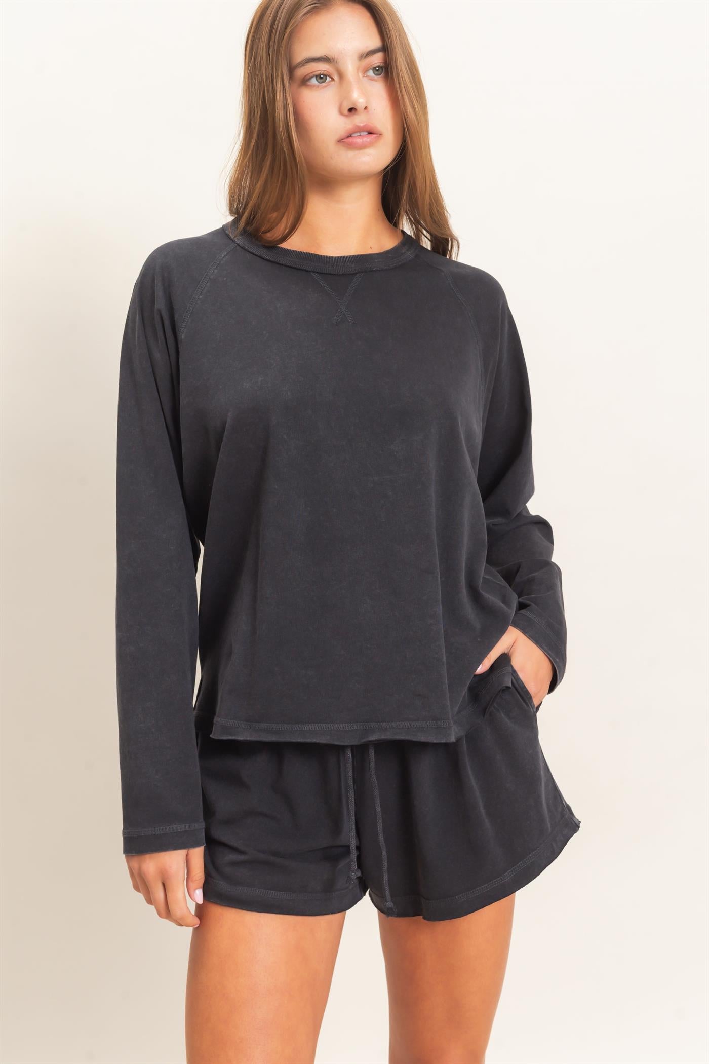 Wholesale Mineral Wash Long Sleeve Raw Edge Top & Shorts Set Clothing DZ26F403-SET BLACK DOUBLE ZERO