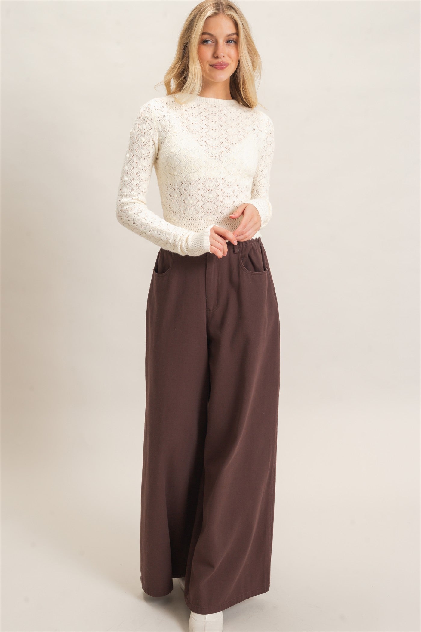 Wholesale Crochet Scalloped Hem Sweater Sweaters HF26F195 CREAM HYFVE
