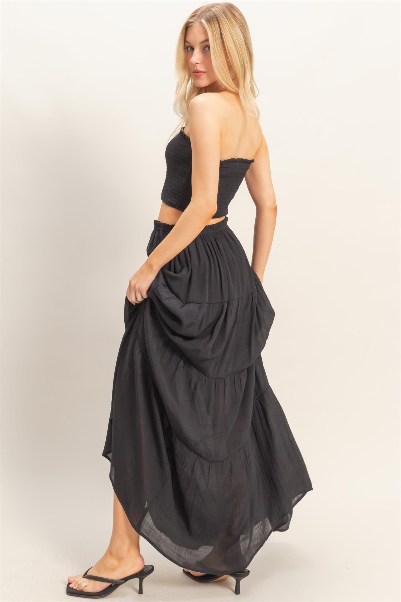 Wholesale Smocked Tube Top & Tiered Skirt Set Clothing HF26C289-SET-D BLACK HYFVE