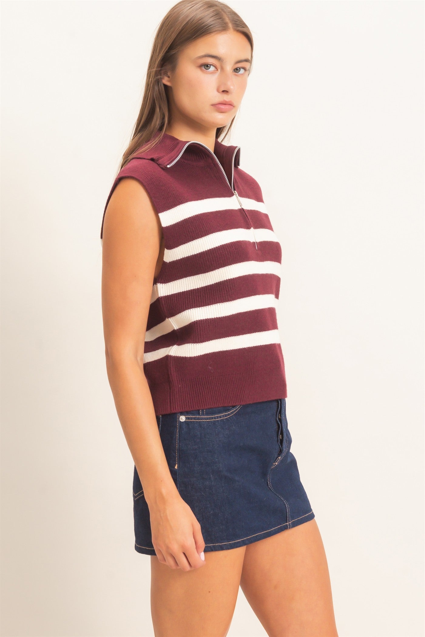 Wholesale Half-Zip Sleeveless Stripe Sweater Sweaters DZ26E951 DARK CHERRY DOUBLE ZERO