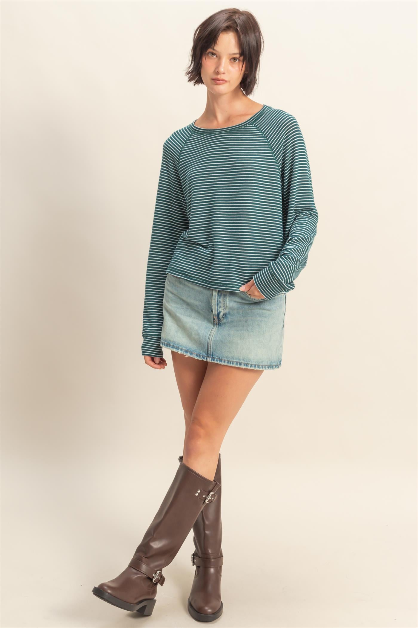 Wholesale Striped Raglan Long Sleeve Top Clothing Tops DZ25E600 DEEP GREEN/CREAM DOUBLE ZERO