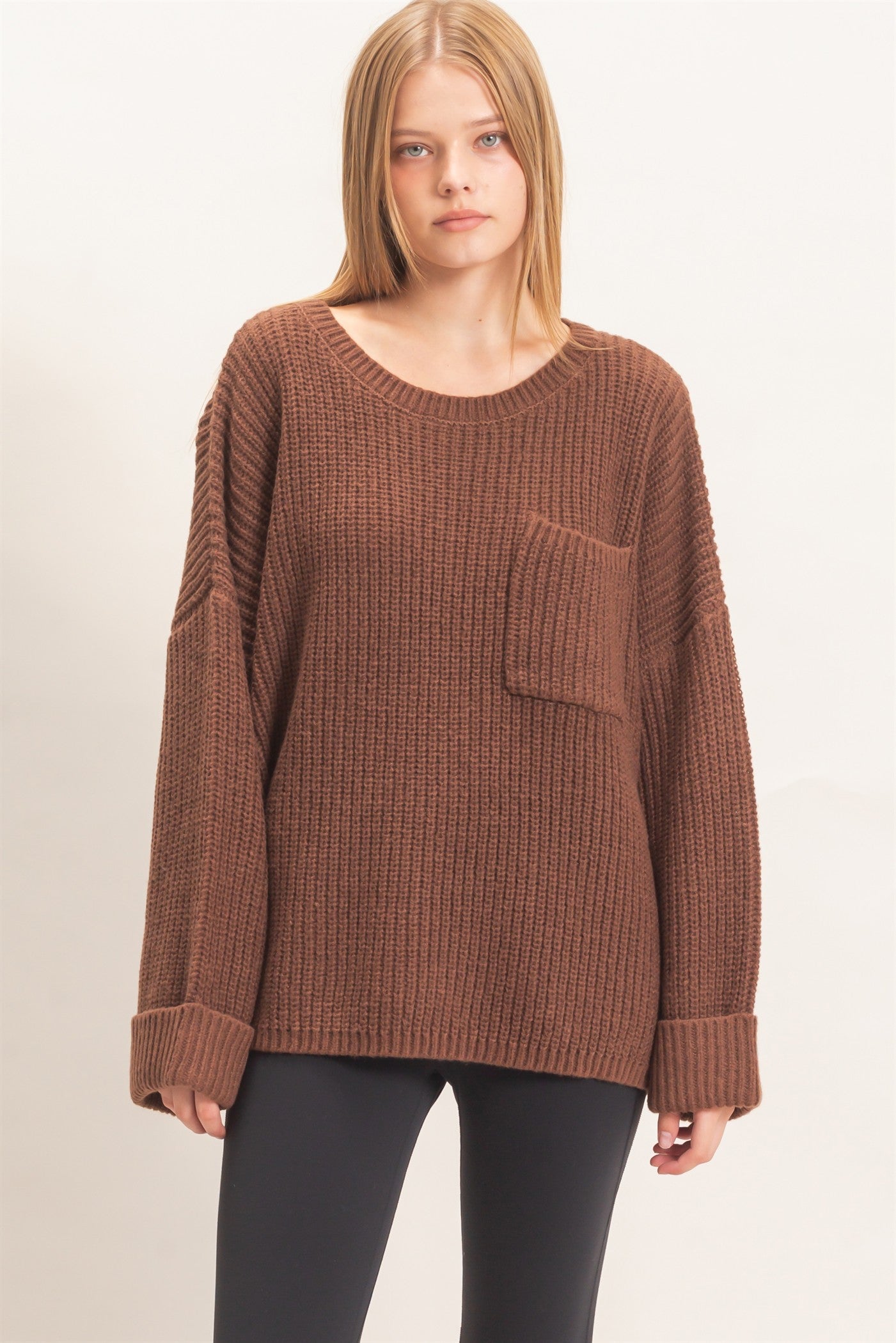 Wholesale Ribbed Knit Patch Pocket Sweater Sweaters HF26F177 BROWN HYFVE