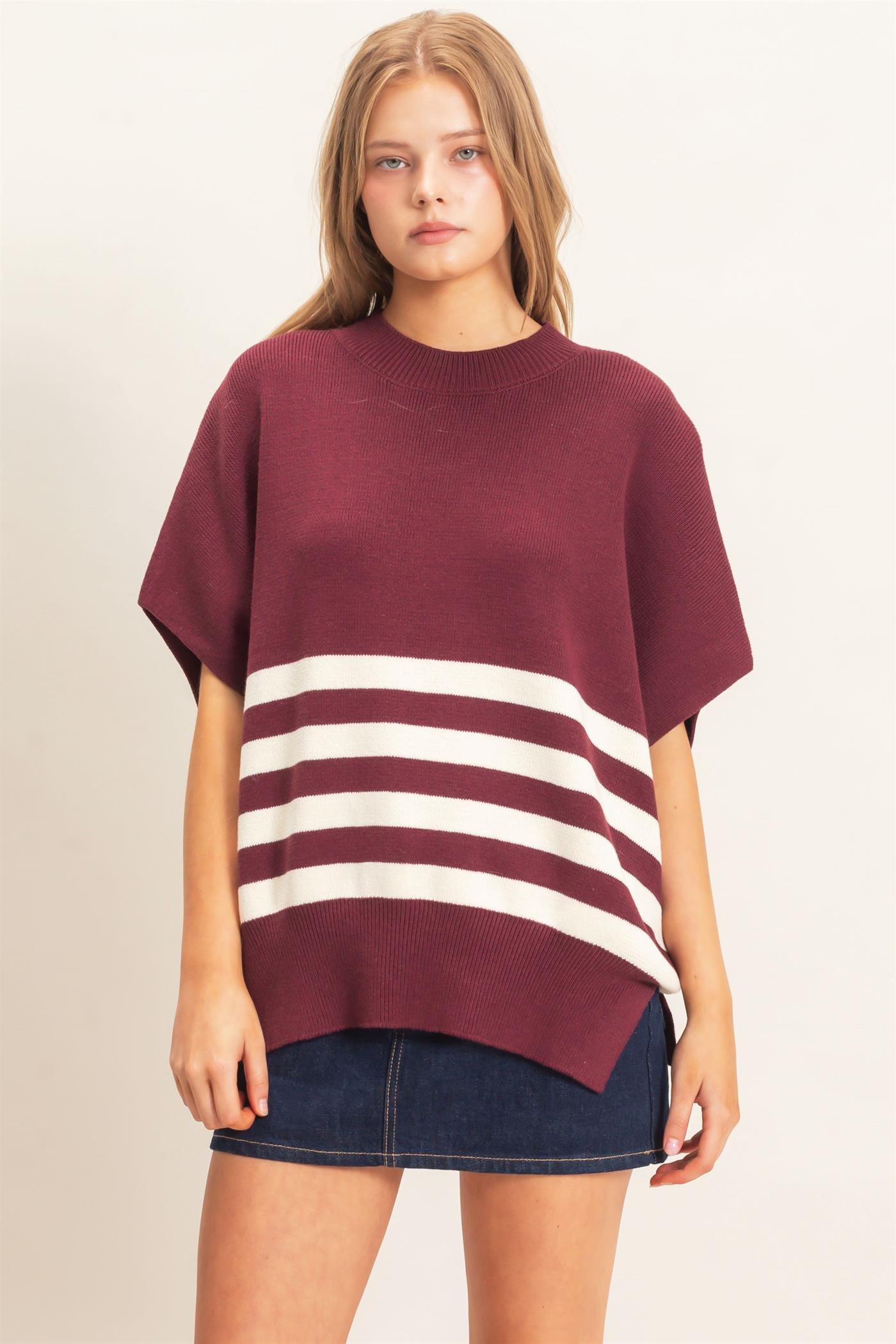 Wholesale Striped Ribbed Crew Neck Sweater Sweaters HF26E350-D WINE HYFVE