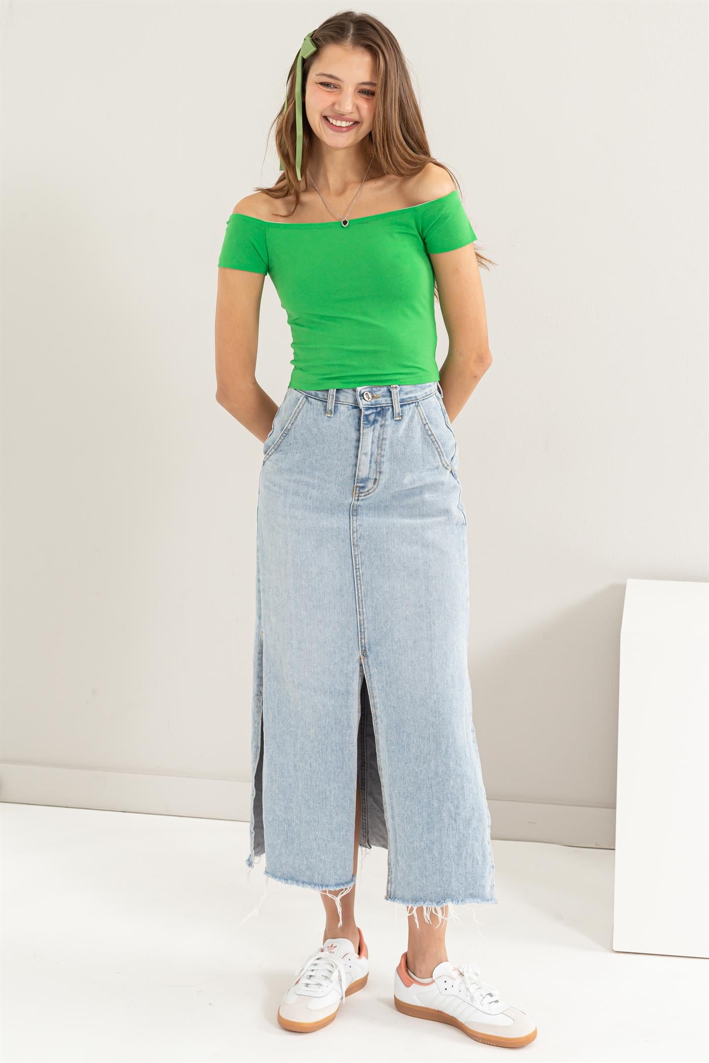 Wholesale Off The Shoulder Crop Top Clothing Tops DZ24C044 GREEN DOUBLE ZERO