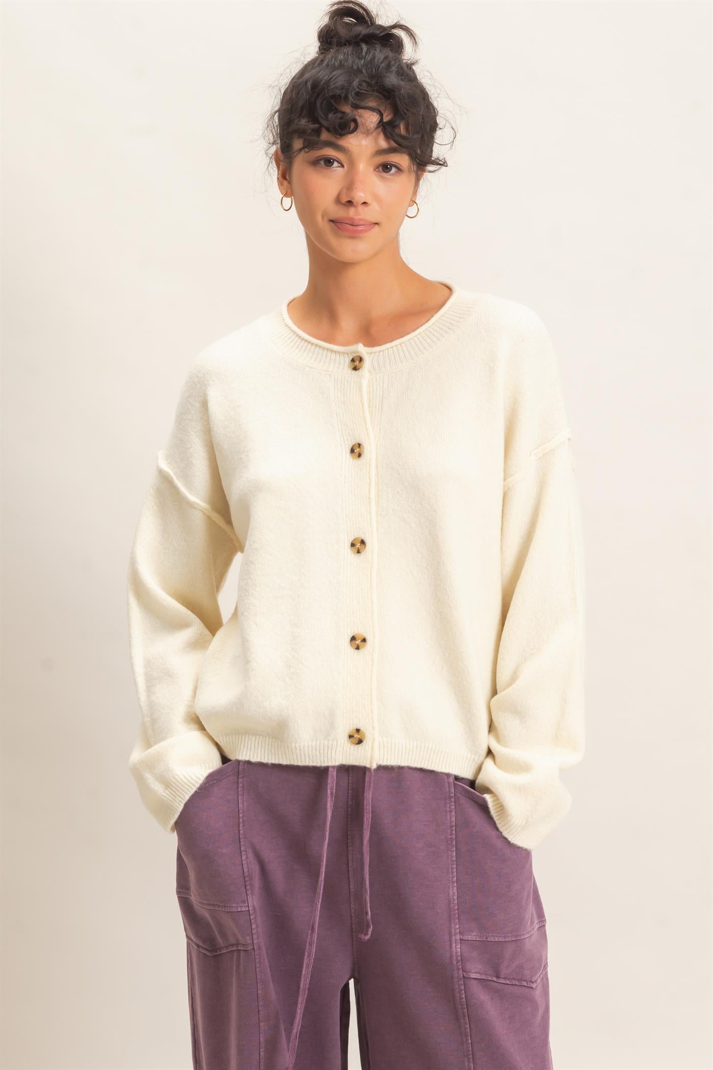 Wholesale Crew Neck Loose Fit Cardigan Cardigans DZ26E269 CREAM DOUBLE ZERO