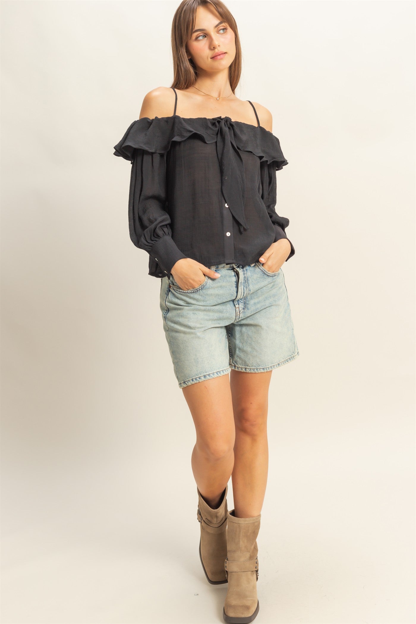 Wholesale Cold-Shoulder Ruffled Blouse Clothing Tops HF23C787 BLACK HYFVE