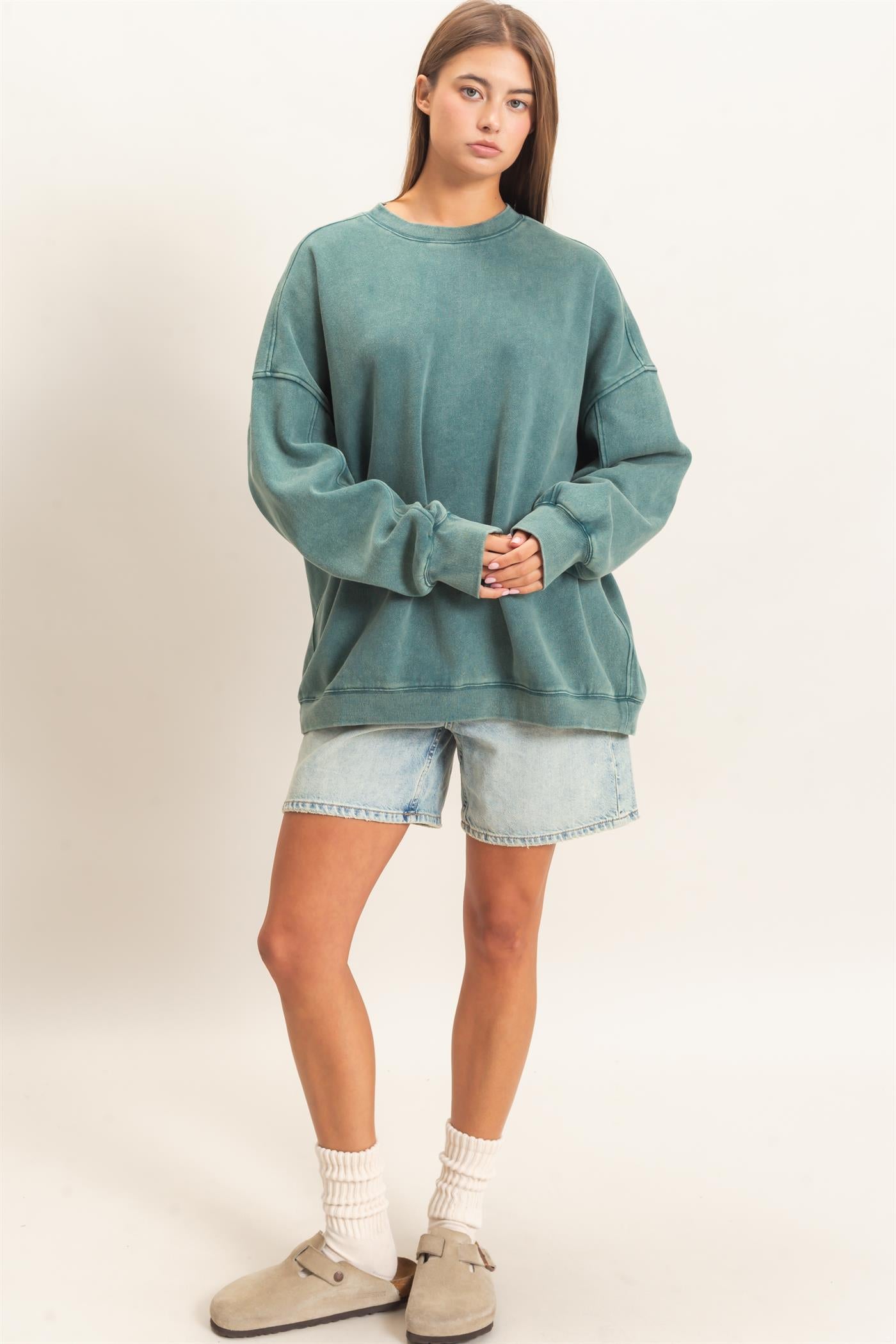 Wholesale Acid Wash Crew Neck Long Sleeve Sweatshirt Sweatshirts DZ26E268 DARK TEAL DOUBLE ZERO