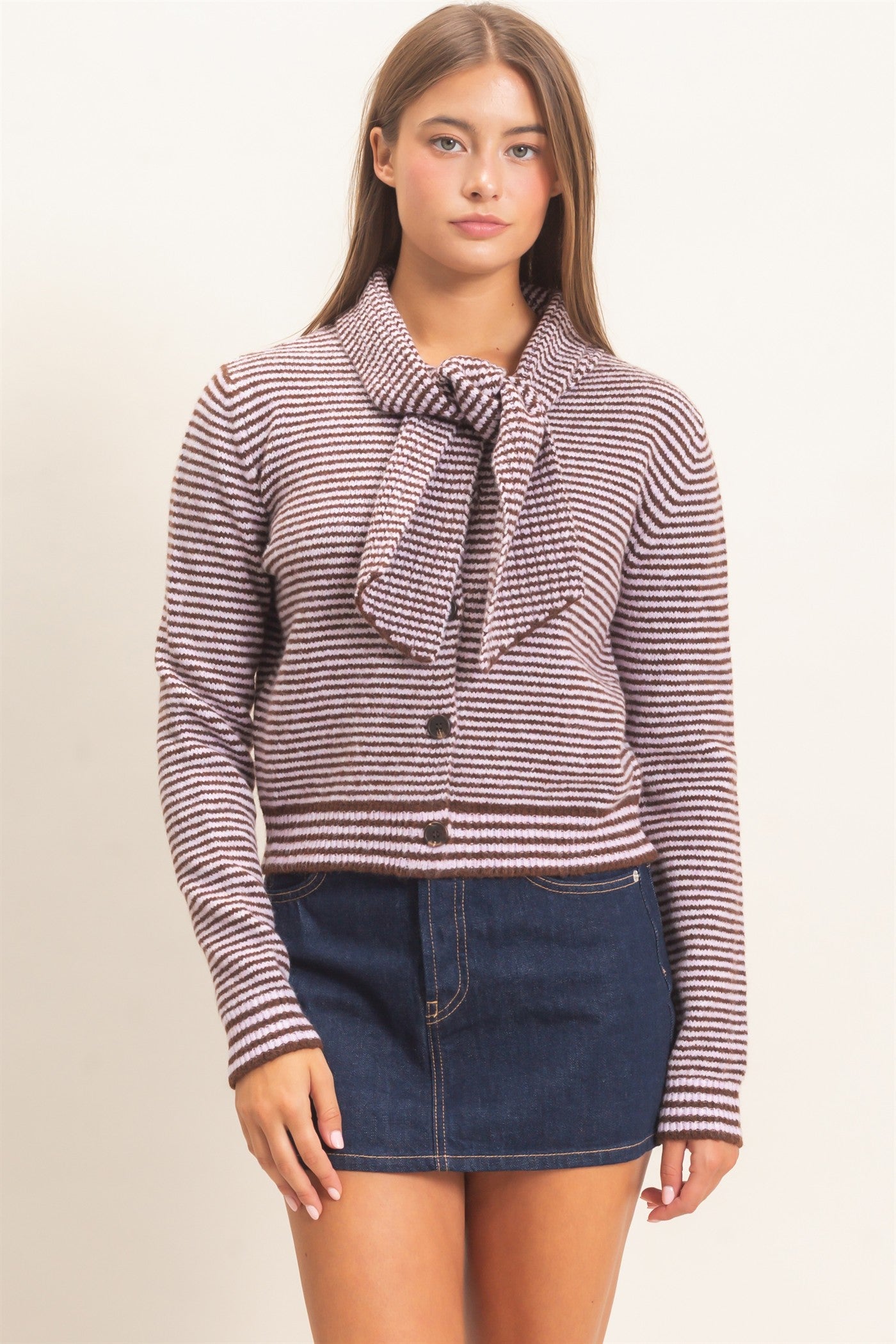 Wholesale Striped Cardigan With Scarf Cardigans DZ26E930 LAVENDER DOUBLE ZERO